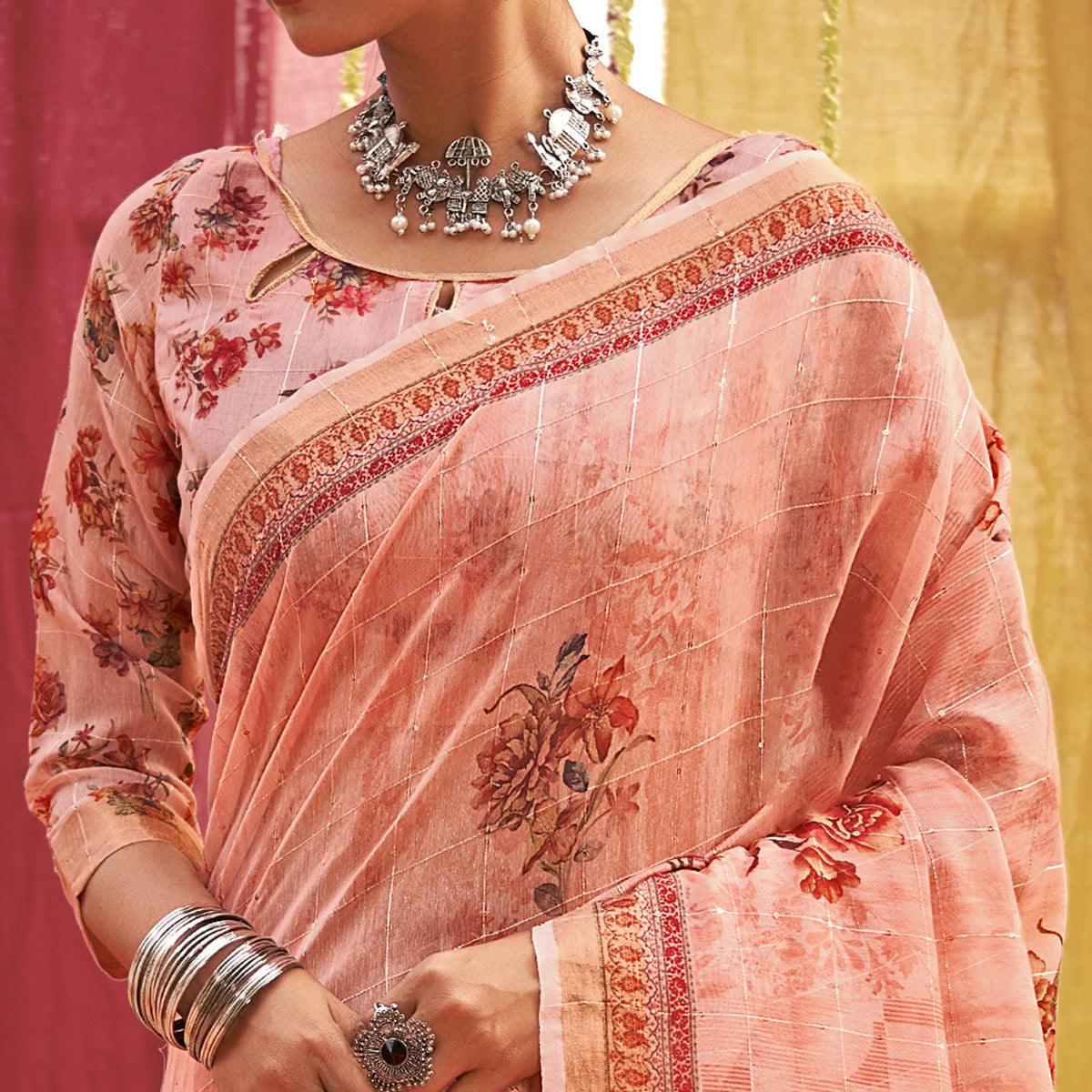 Peach Floral Digital Printed Linen Saree With Tassels - Peachmode