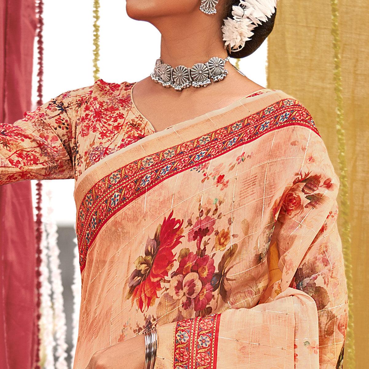 Peach Floral Digital Printed Linen Saree With Tassels - Peachmode