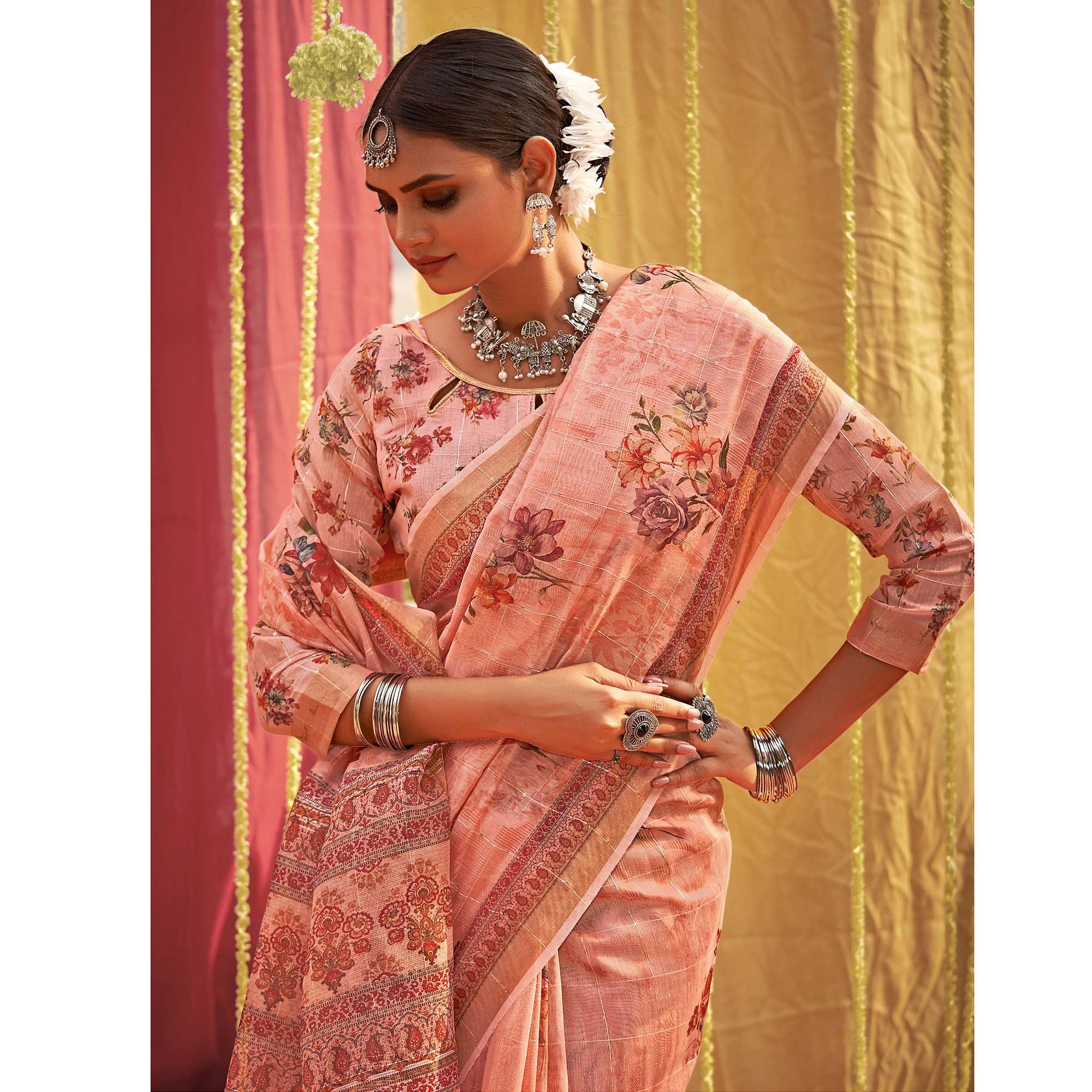 Peach Floral Digital Printed Linen Saree With Tassels - Peachmode