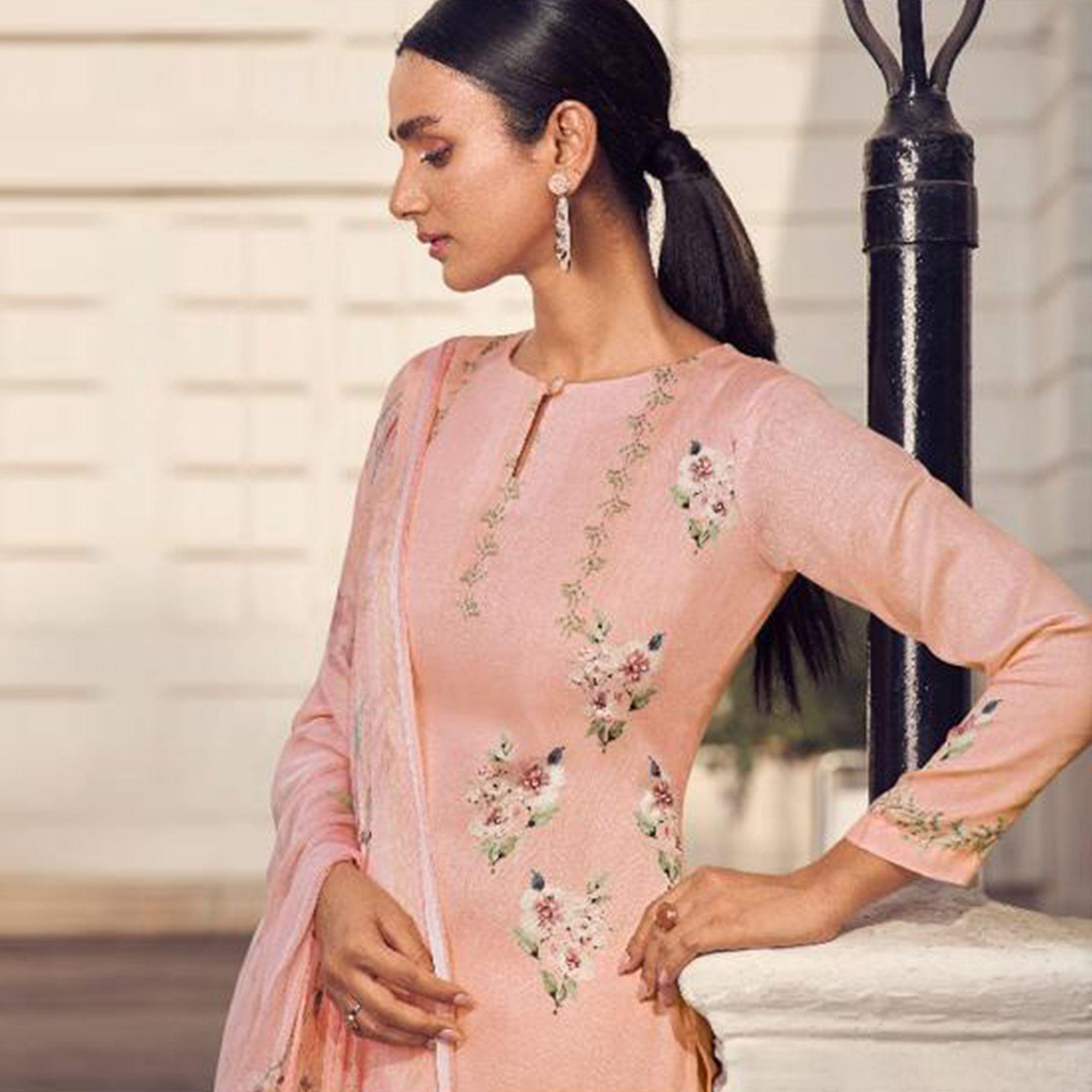 Peach Floral Digital Printed With Handwork Cambric Cotton Partywear Suit - Peachmode