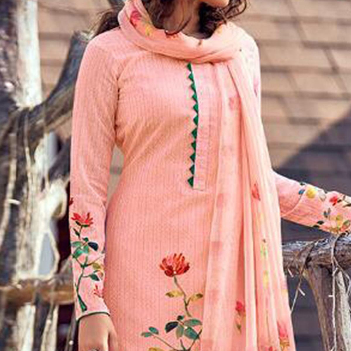 Peach Floral Digital Printed With Handwork Cambric Cotton Partywear Suit - Peachmode