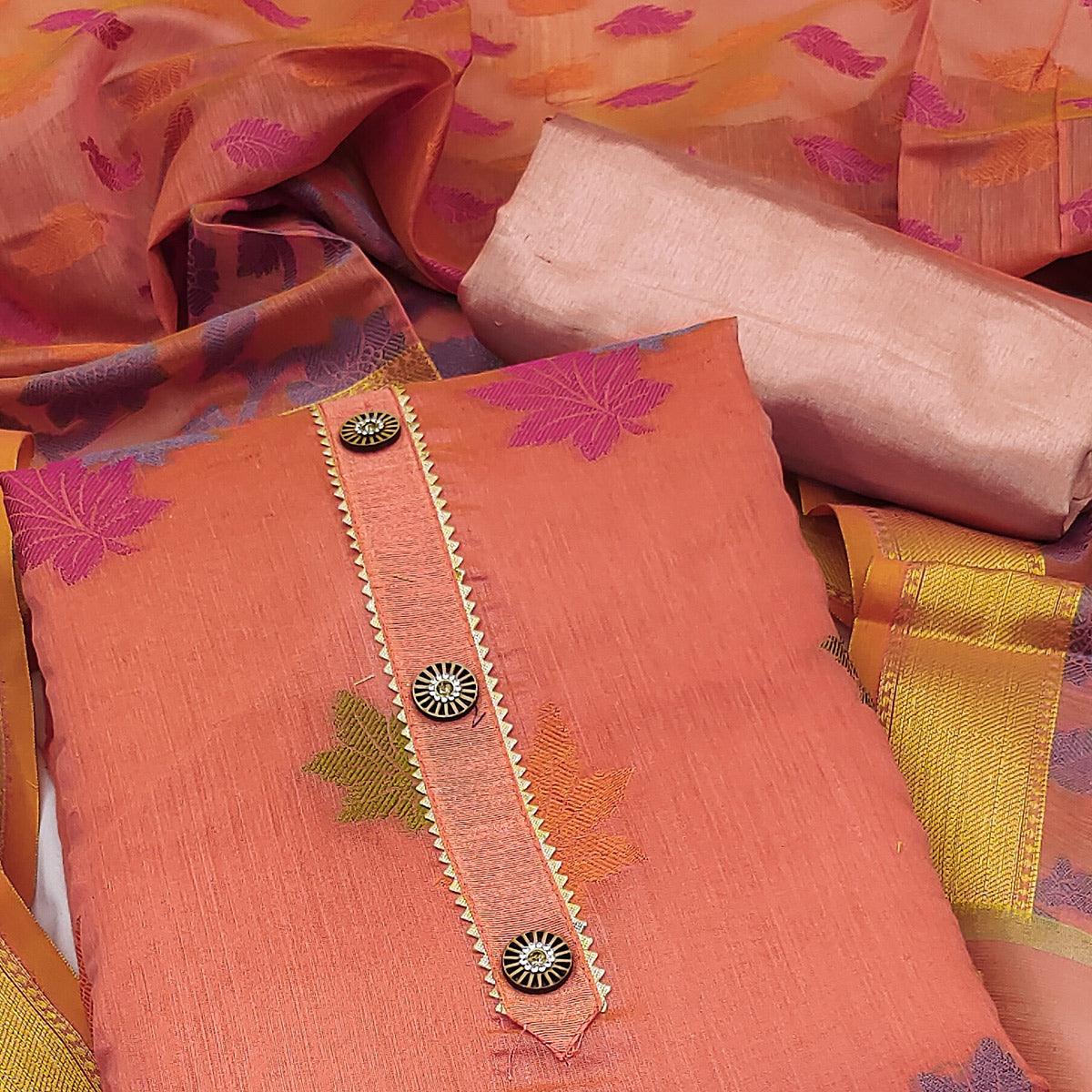 Peach Floral Embroidered Banarasi Silk Dress Material - Peachmode