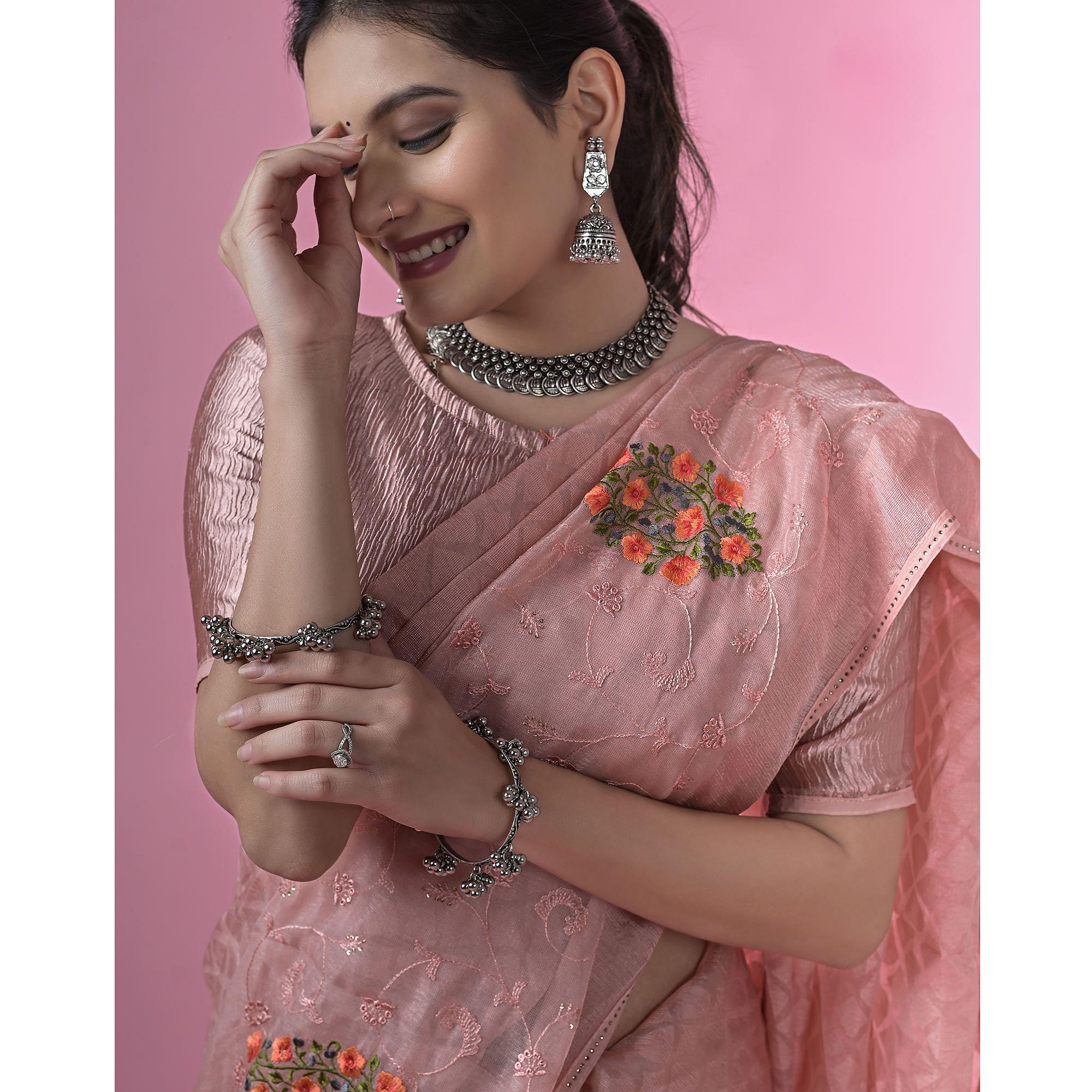 Peach Floral Embroidered Brasso Saree - Peachmode