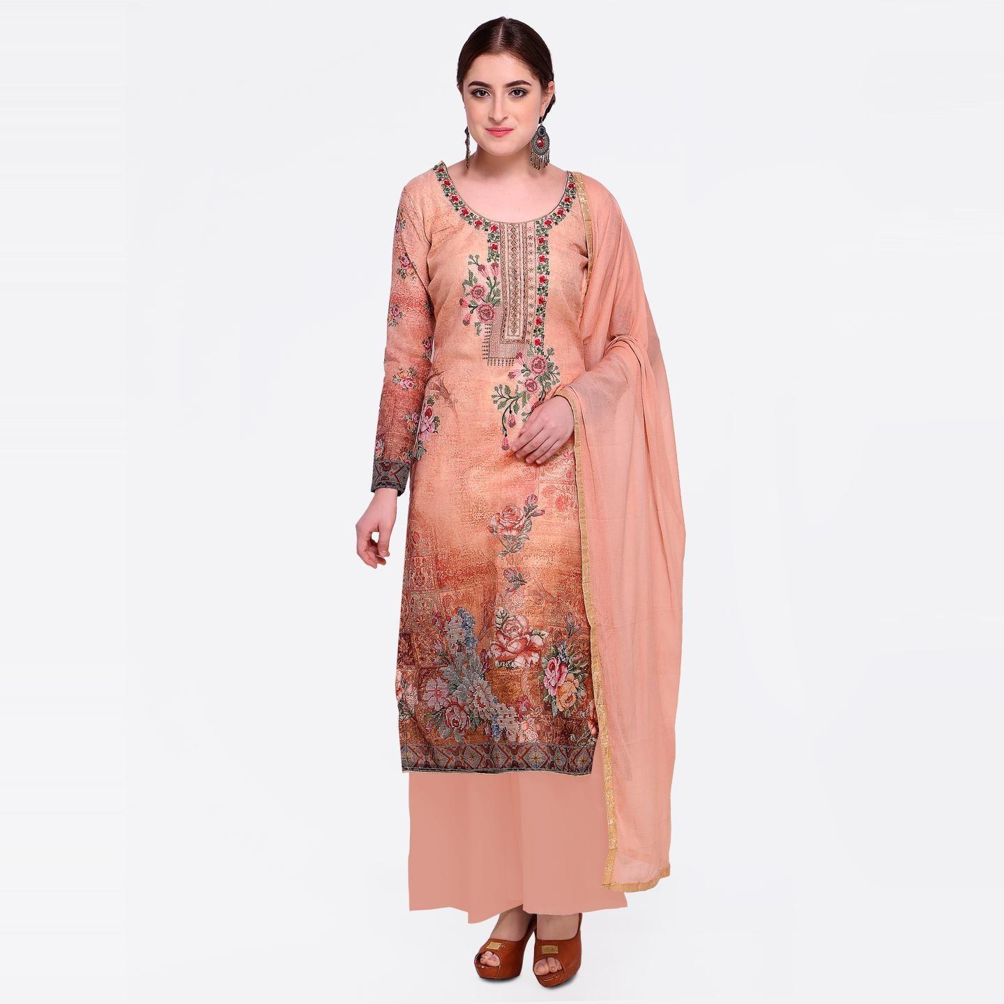 Peach Floral Embroidered Chanderi Dress Material - Peachmode