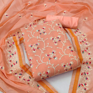 Peach Floral Embroidered Chanderi Dress Material - Peachmode