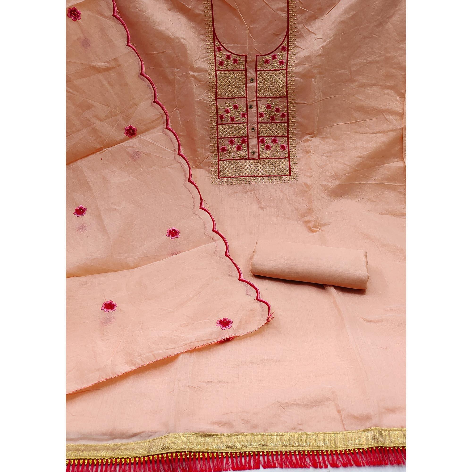 Peach Floral Embroidered Chanderi Dress Material - Peachmode