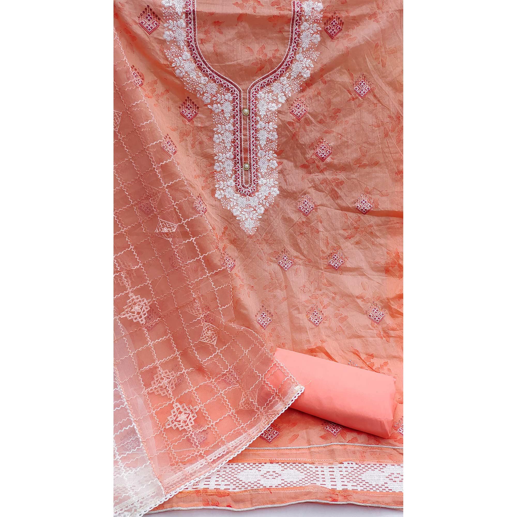 Peach Floral Embroidered Chanderi Dress Material - Peachmode
