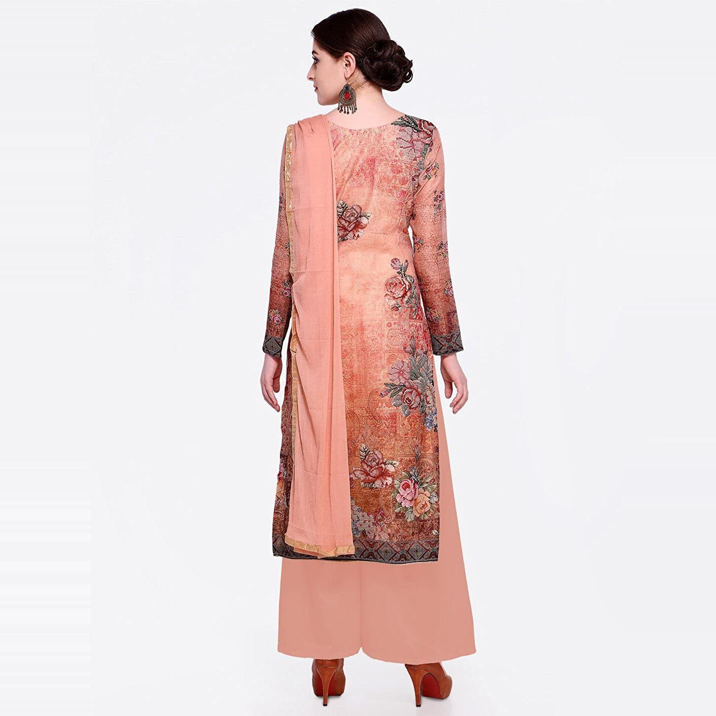 Peach Floral Embroidered Chanderi Dress Material - Peachmode