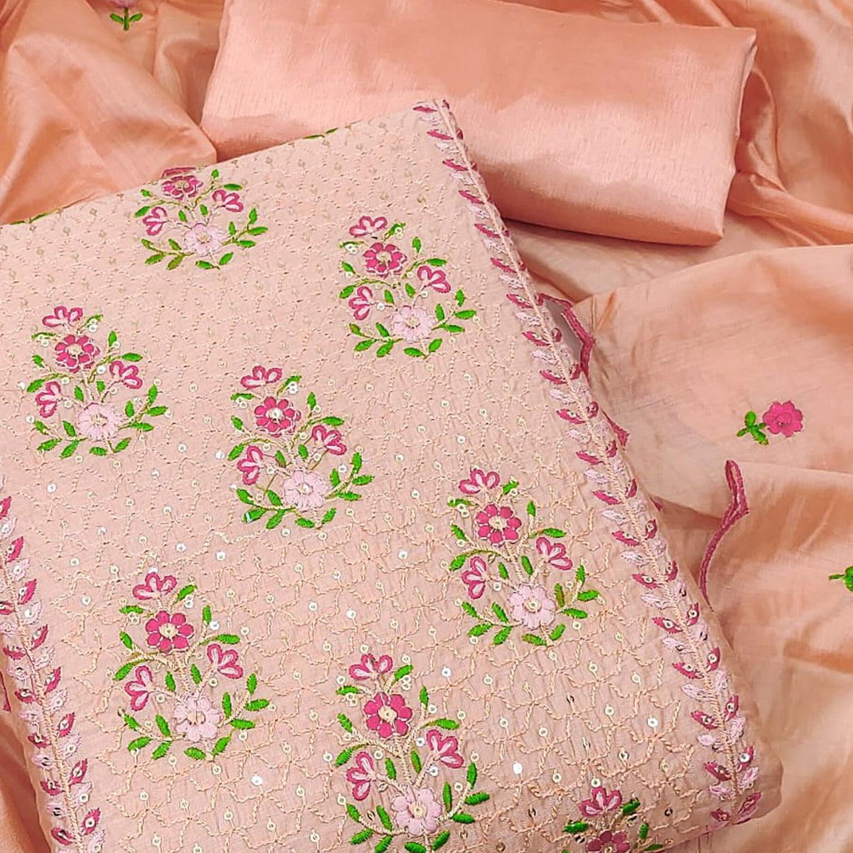 Peach Floral Embroidered Chanderi Dress Material - Peachmode