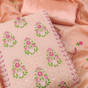 Peach Floral Embroidered Chanderi Dress Material - Peachmode