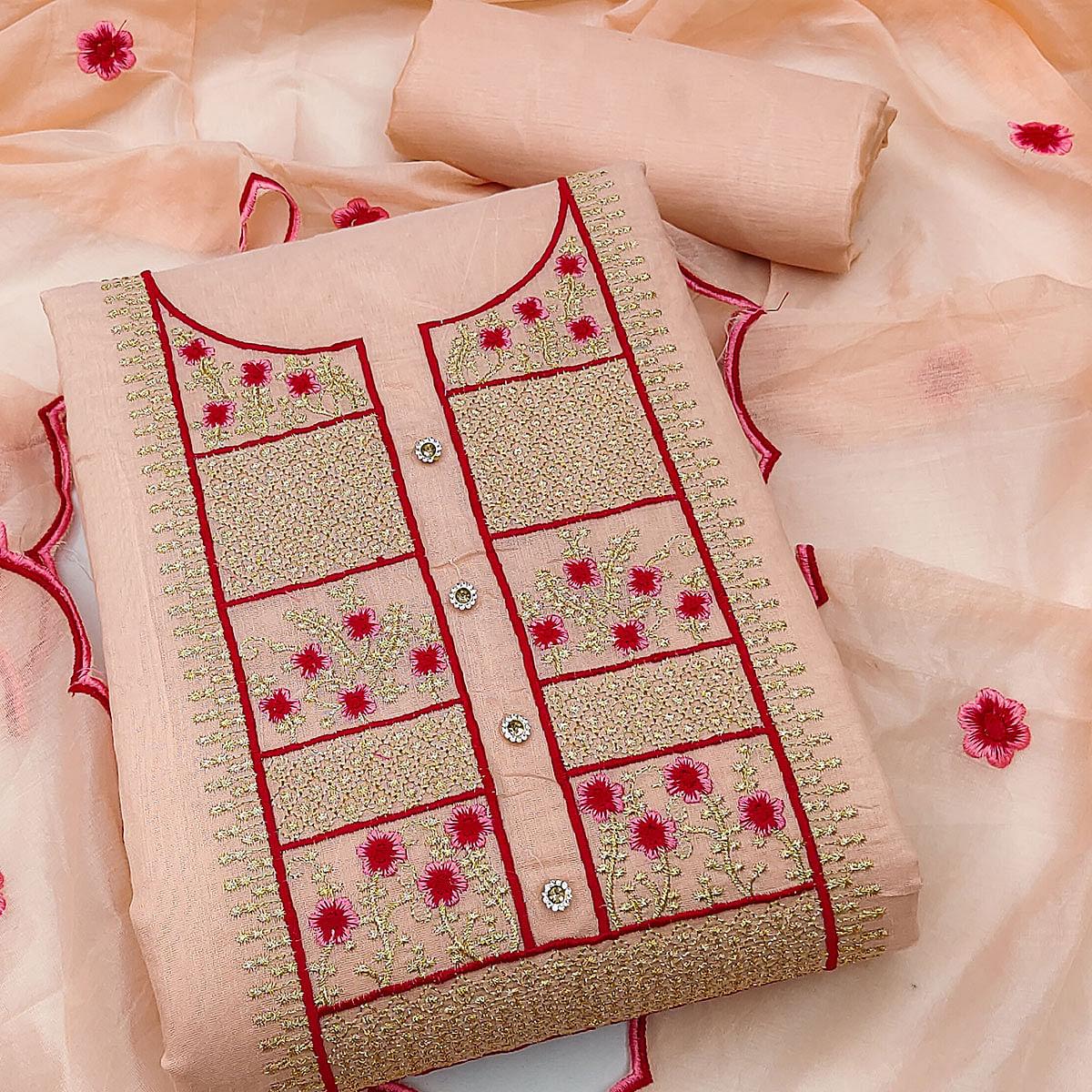 Peach Floral Embroidered Chanderi Dress Material - Peachmode