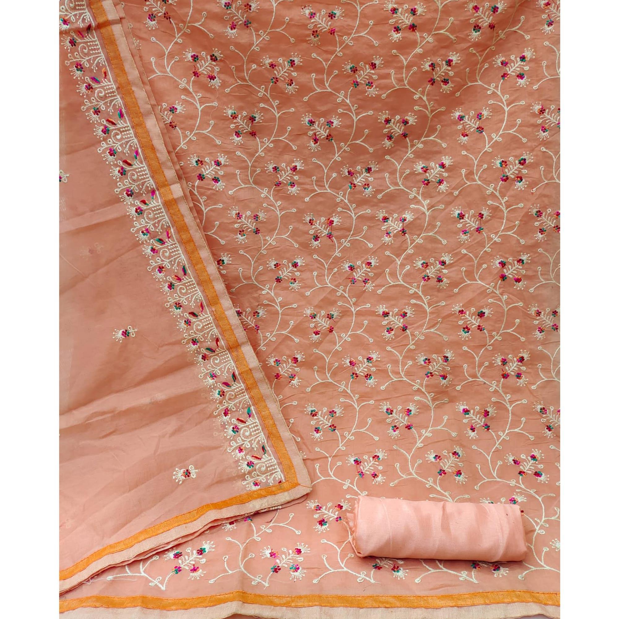 Peach Floral Embroidered Chanderi Dress Material - Peachmode