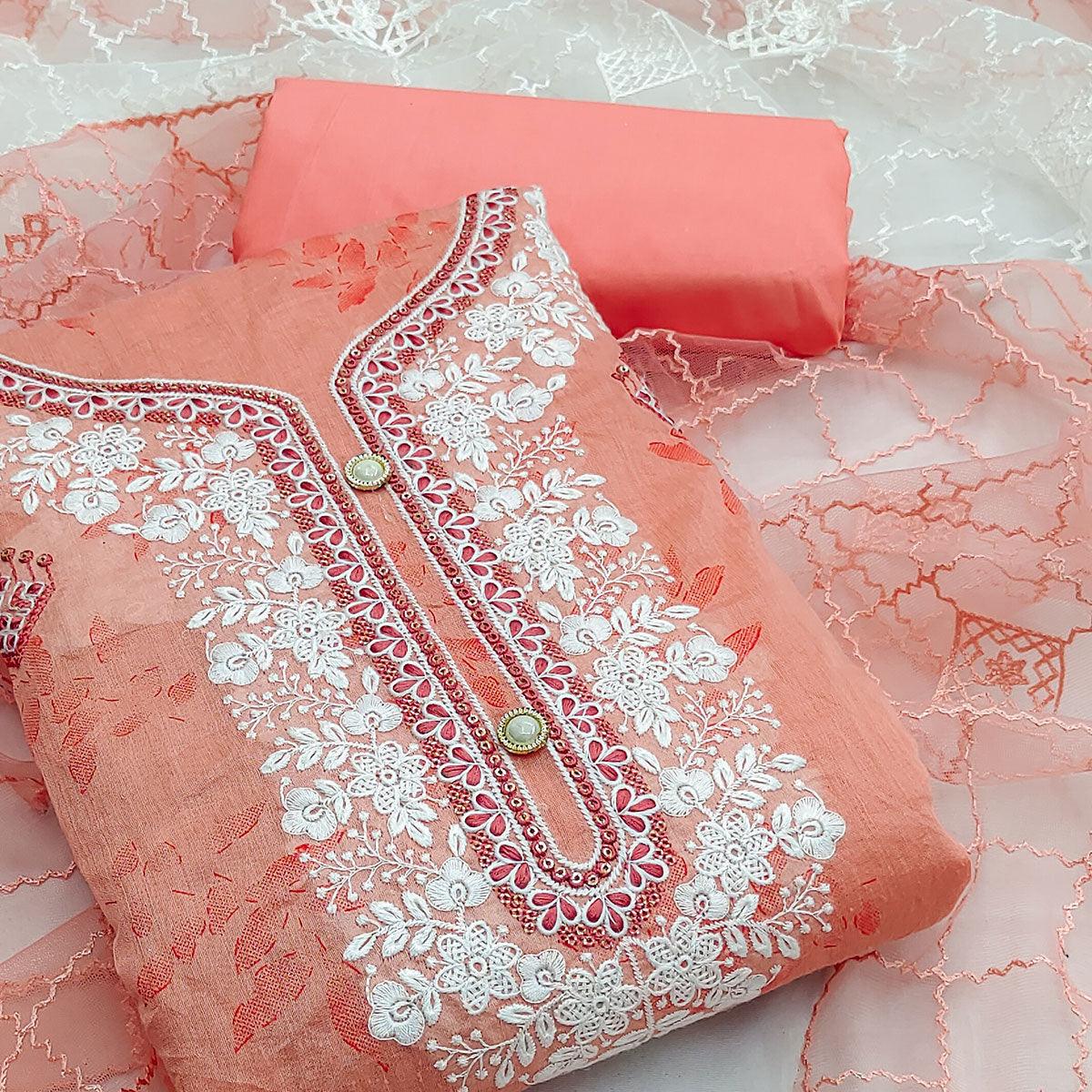 Peach Floral Embroidered Chanderi Dress Material - Peachmode