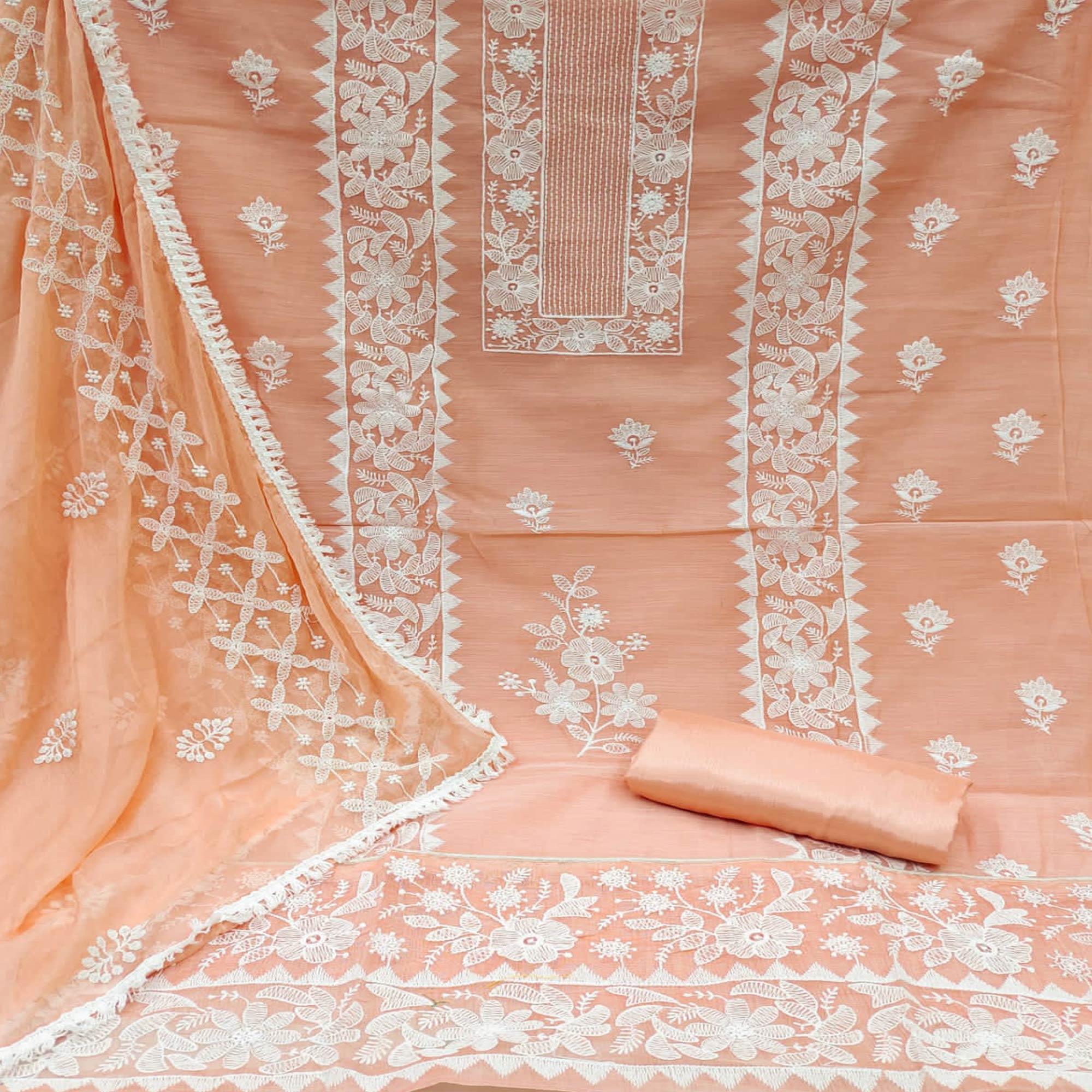 Peach Floral Embroidered Chanderi Dress Material - Peachmode