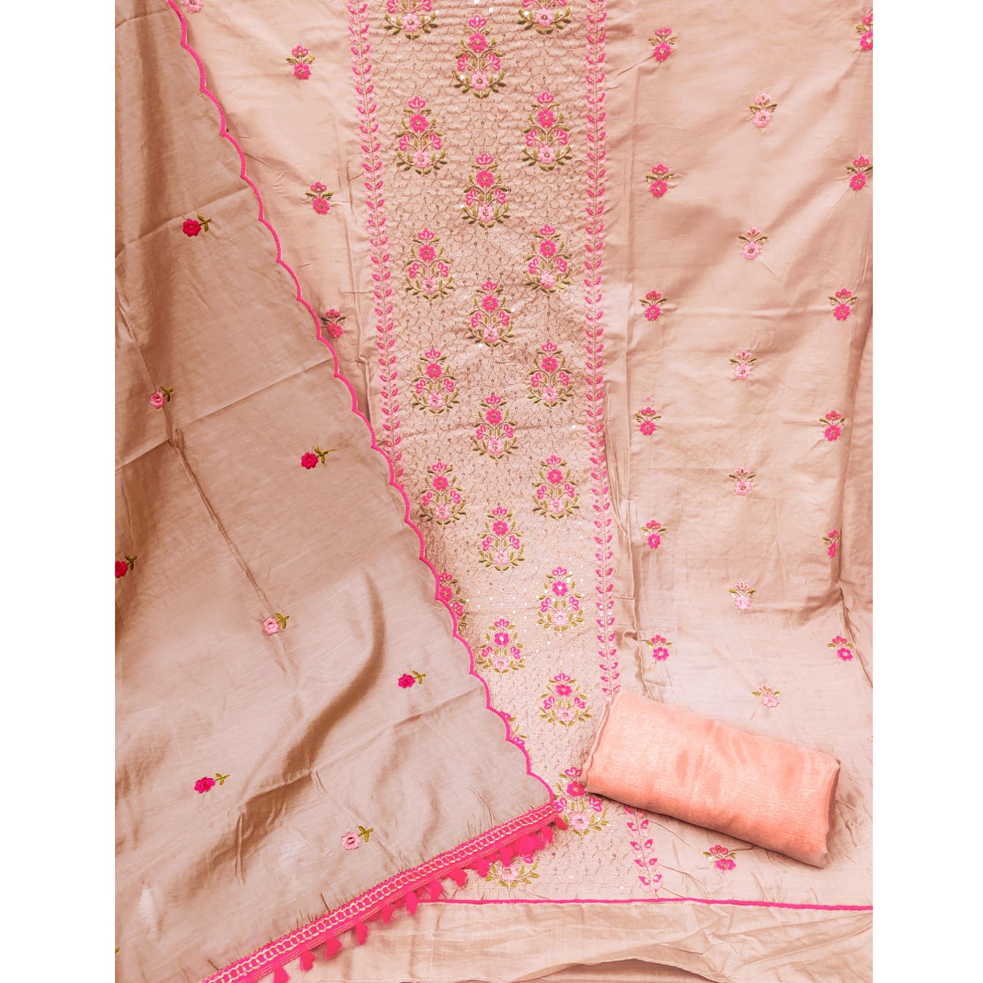 Peach Floral Embroidered Chanderi Dress Material - Peachmode