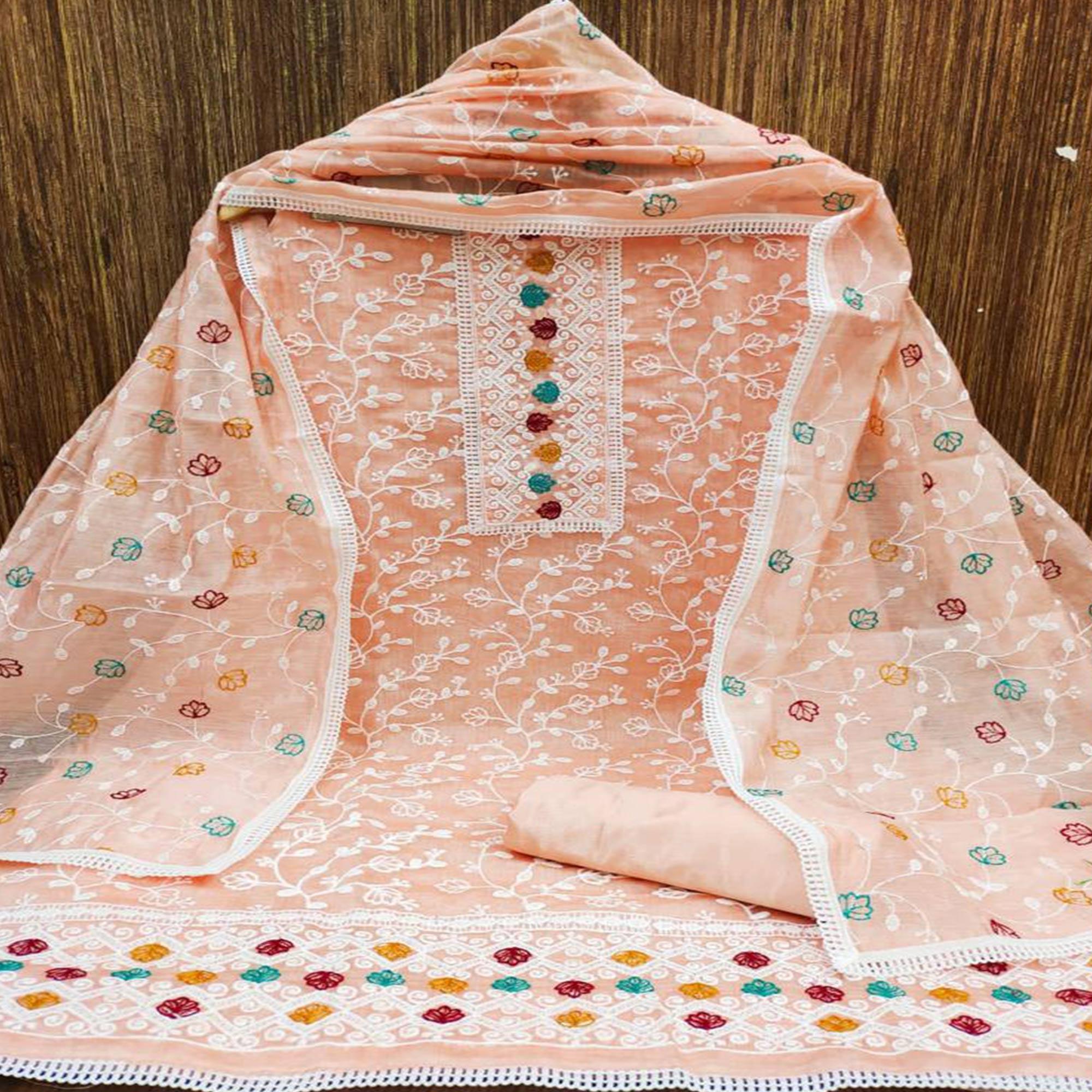 Peach Floral Embroidered Chanderi Dress Material - Peachmode