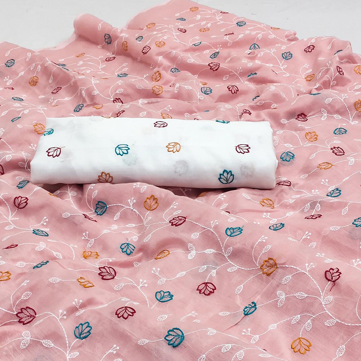 Peach Floral Embroidered Chanderi Saree - Peachmode