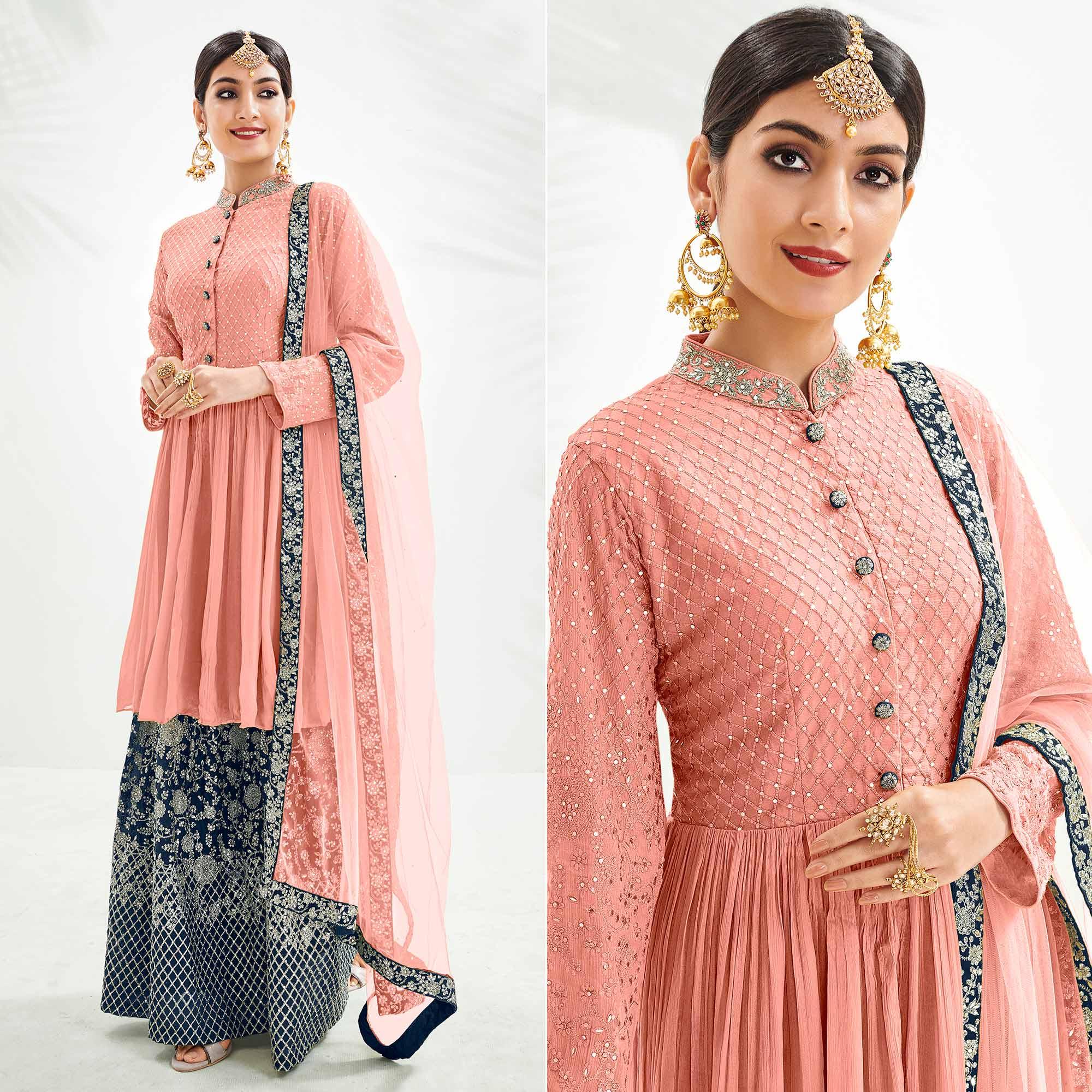 Peach Floral Embroidered Chiffon Palazzo Suit - Peachmode