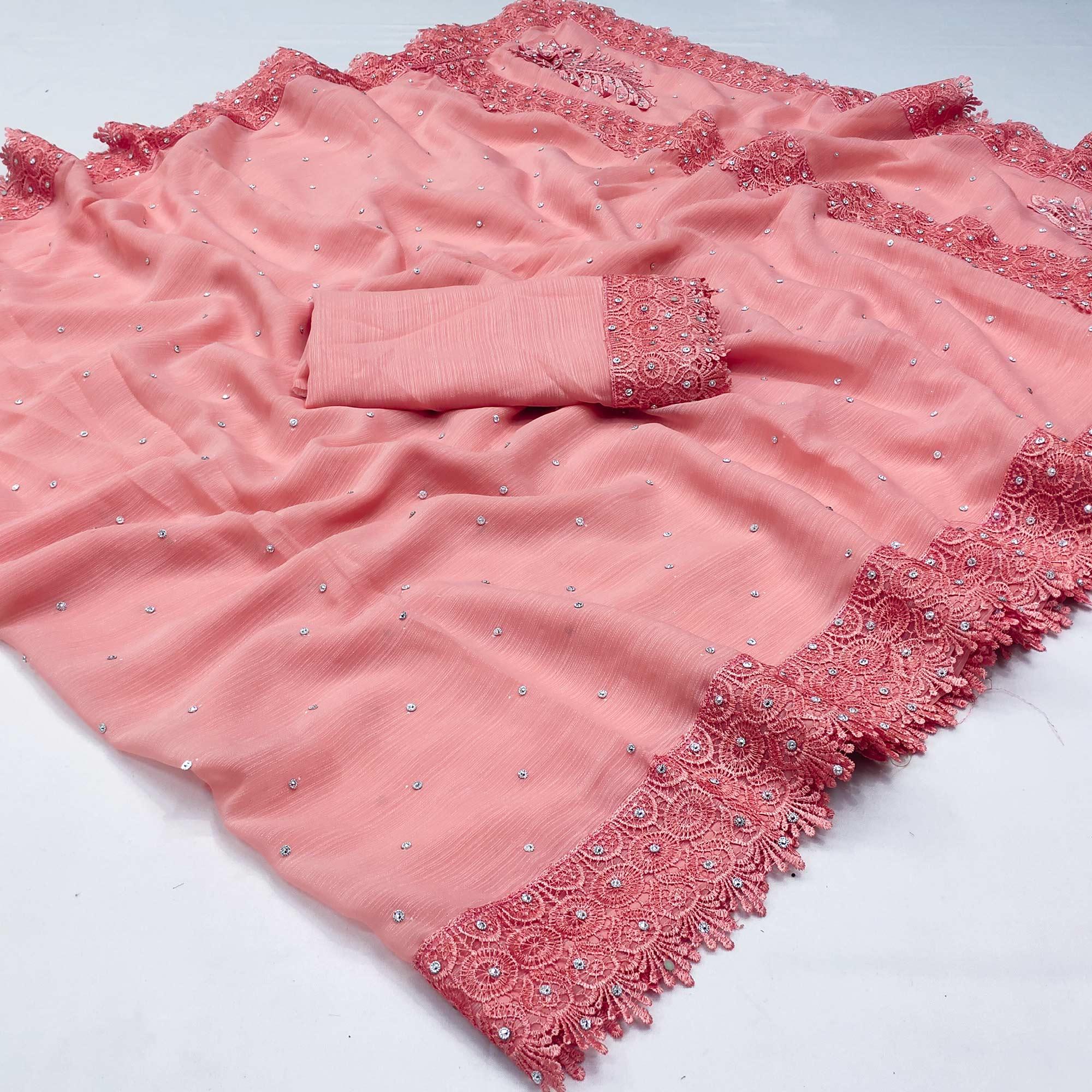 Peach Floral Embroidered Chiffon Saree - Peachmode