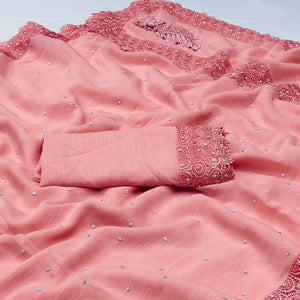 Peach Floral Embroidered Chiffon Saree - Peachmode