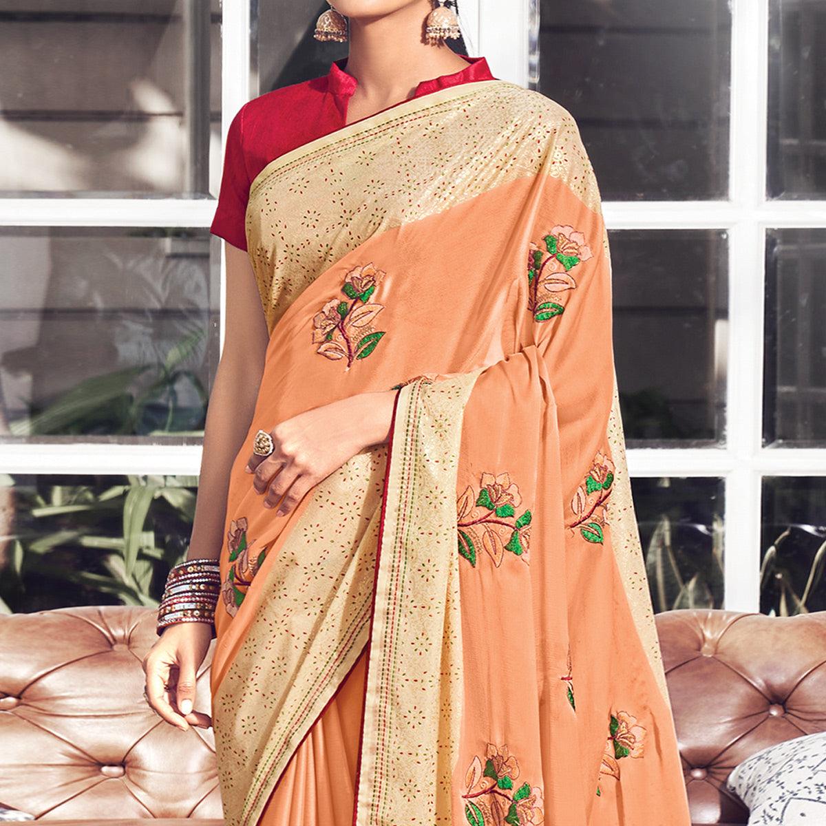 Peach Floral Embroidered Chiffon Saree - Peachmode