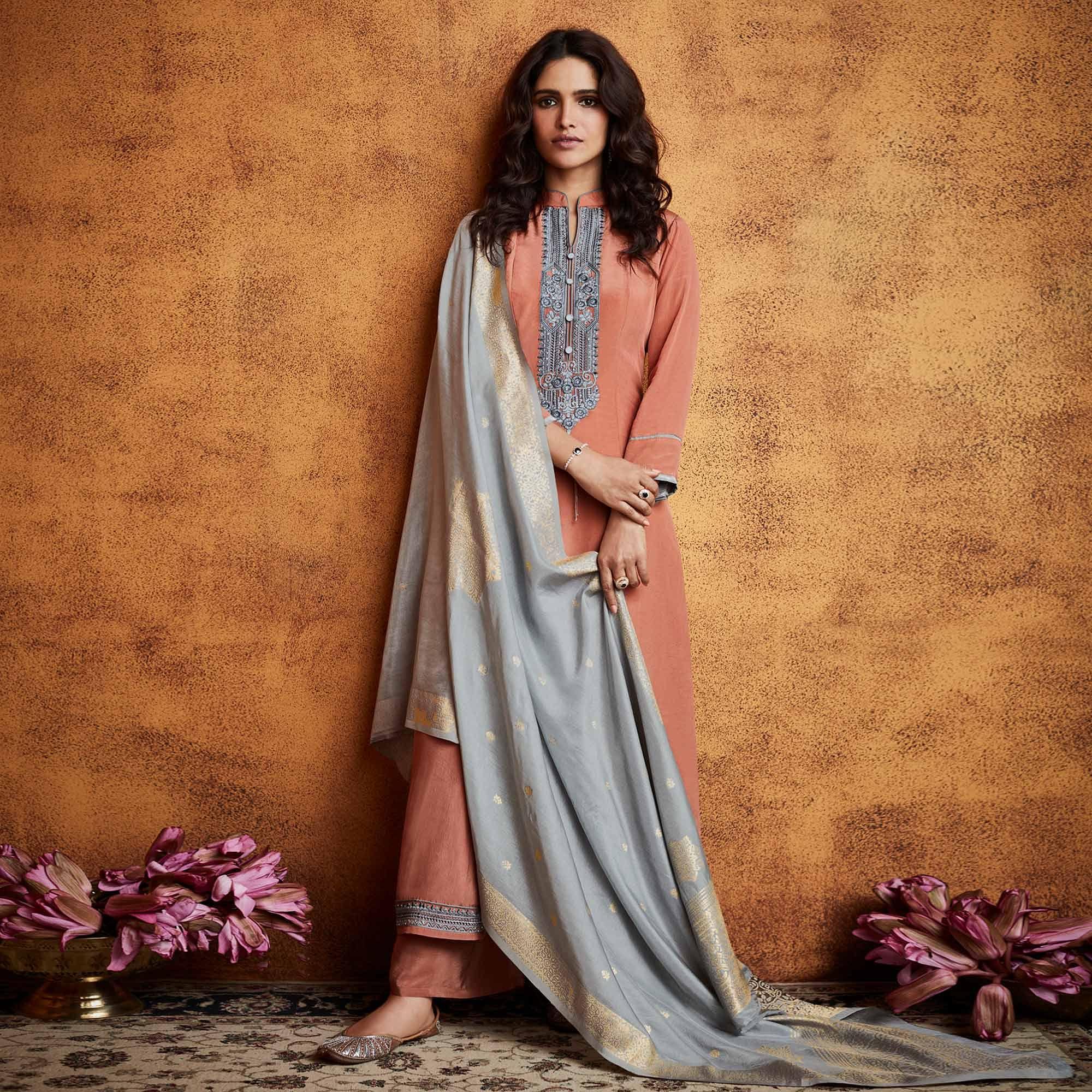 Peach Floral Embroidered Fiona Silk Partywear Suit - Peachmode