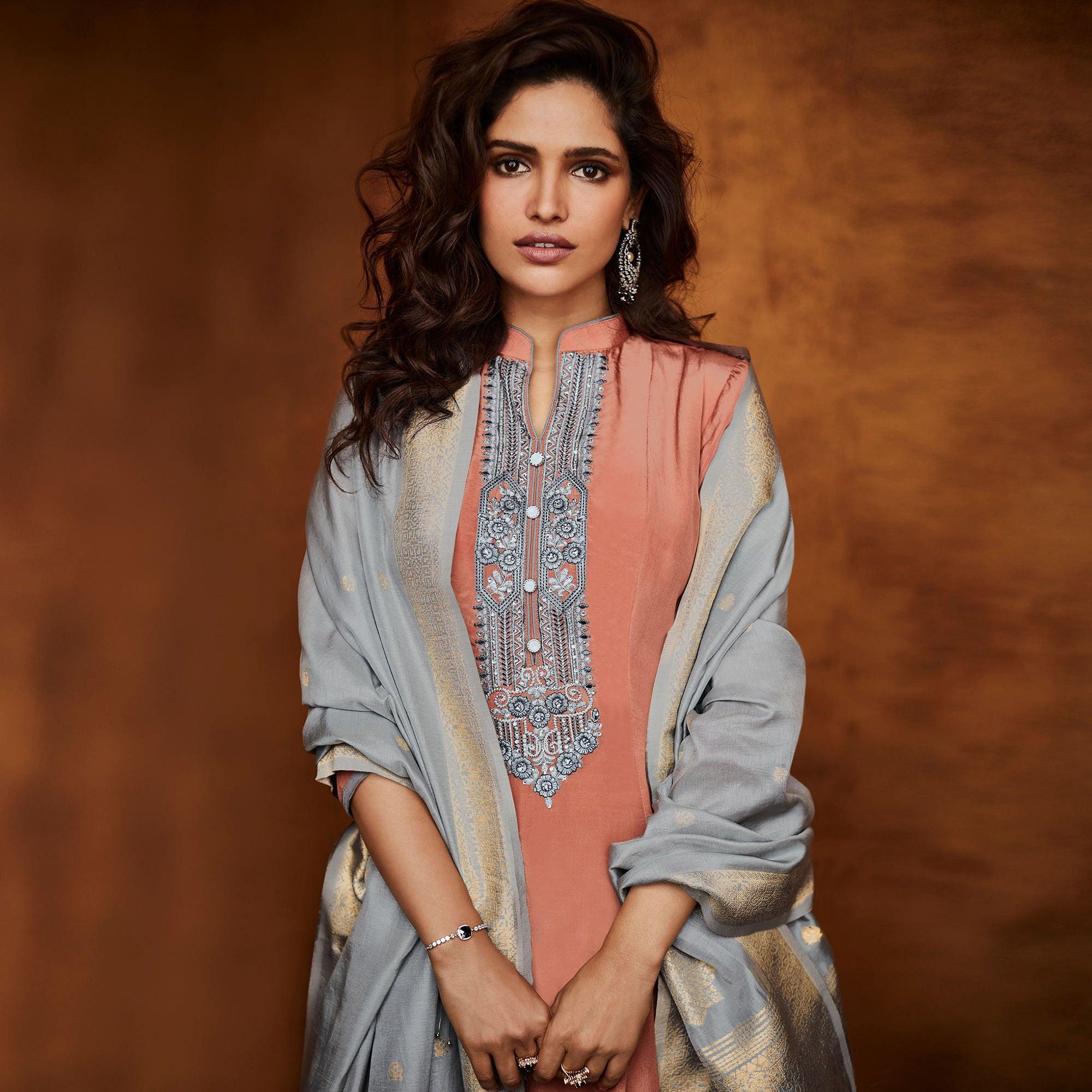 Peach Floral Embroidered Fiona Silk Partywear Suit - Peachmode