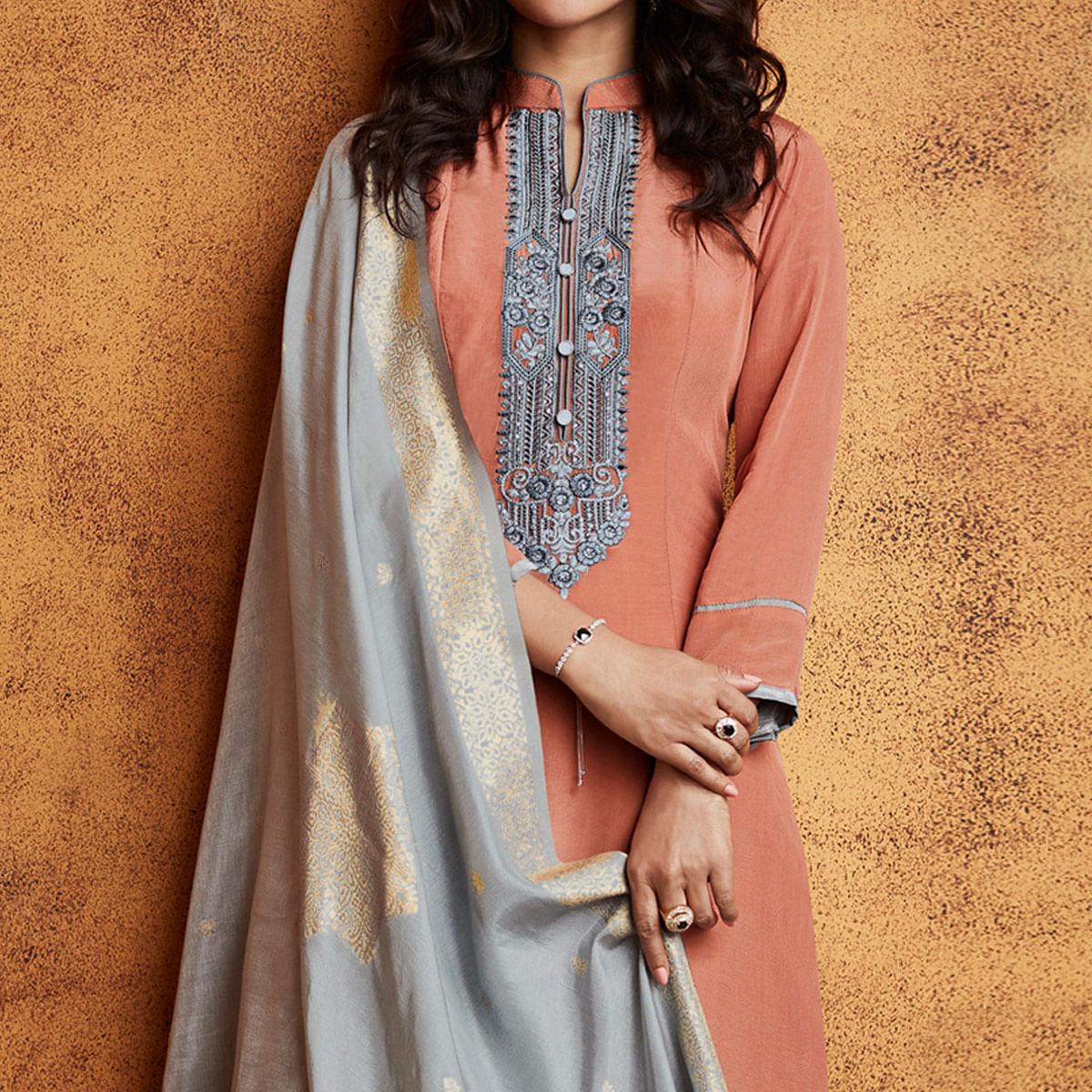 Peach Floral Embroidered Fiona Silk Partywear Suit - Peachmode