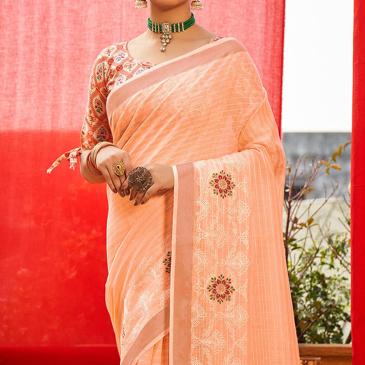 Peach Floral Embroidered Linen Saree - Peachmode