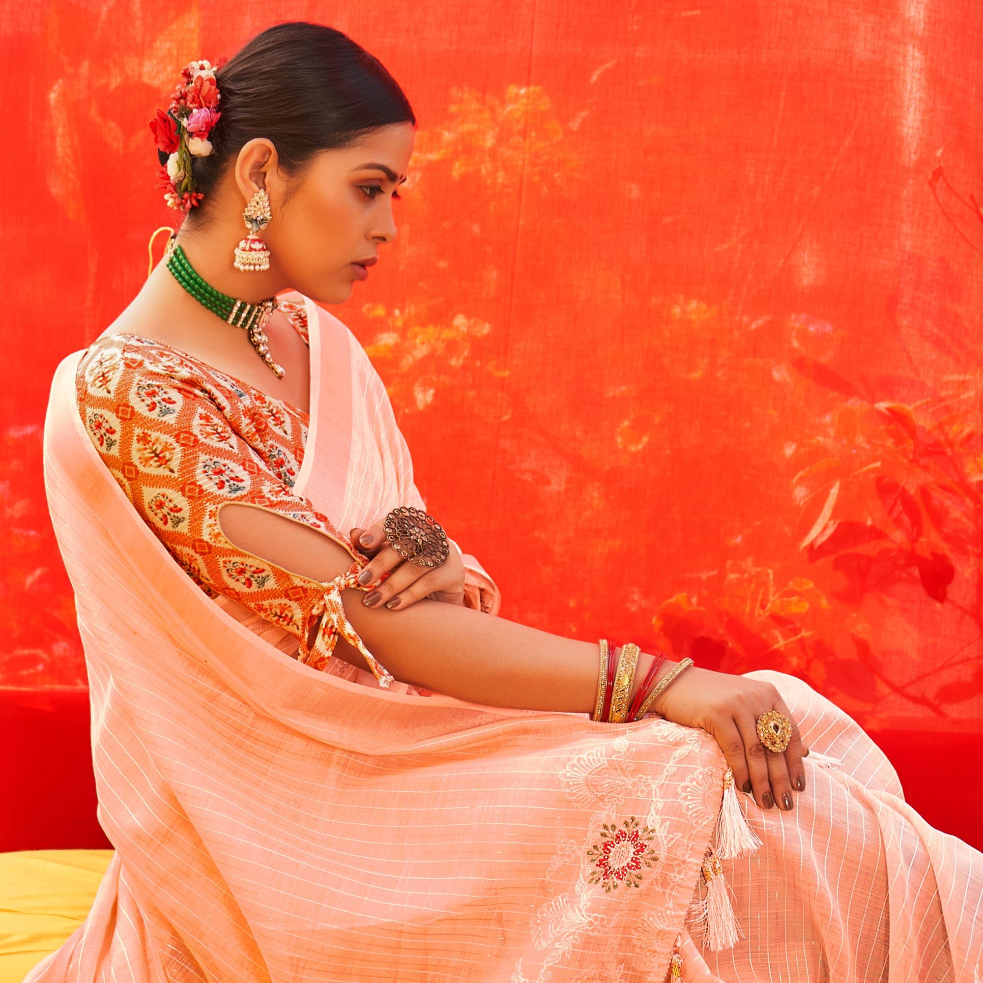 Peach Floral Embroidered Linen Saree - Peachmode