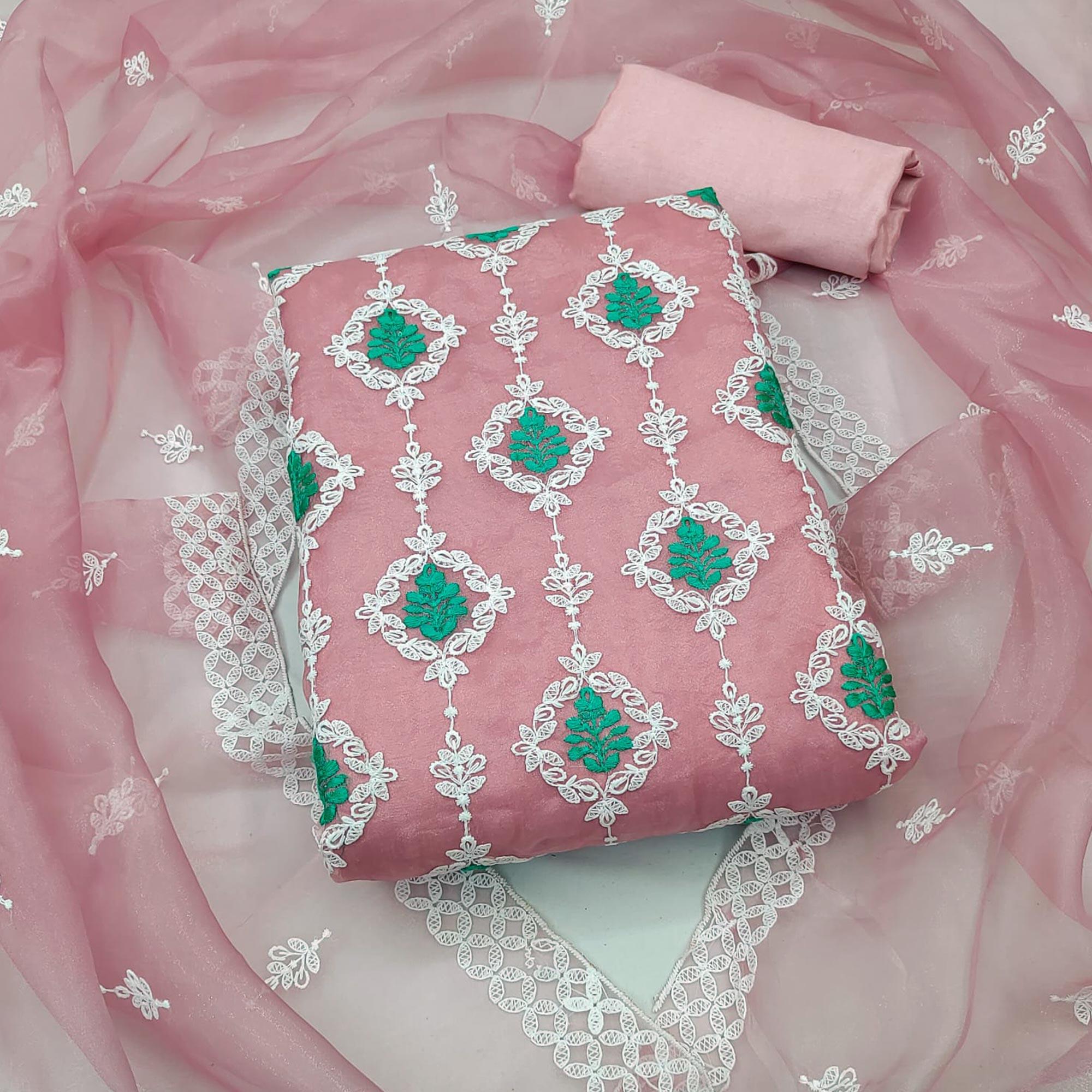 Peach Floral Embroidered Organza Dress Material - Peachmode