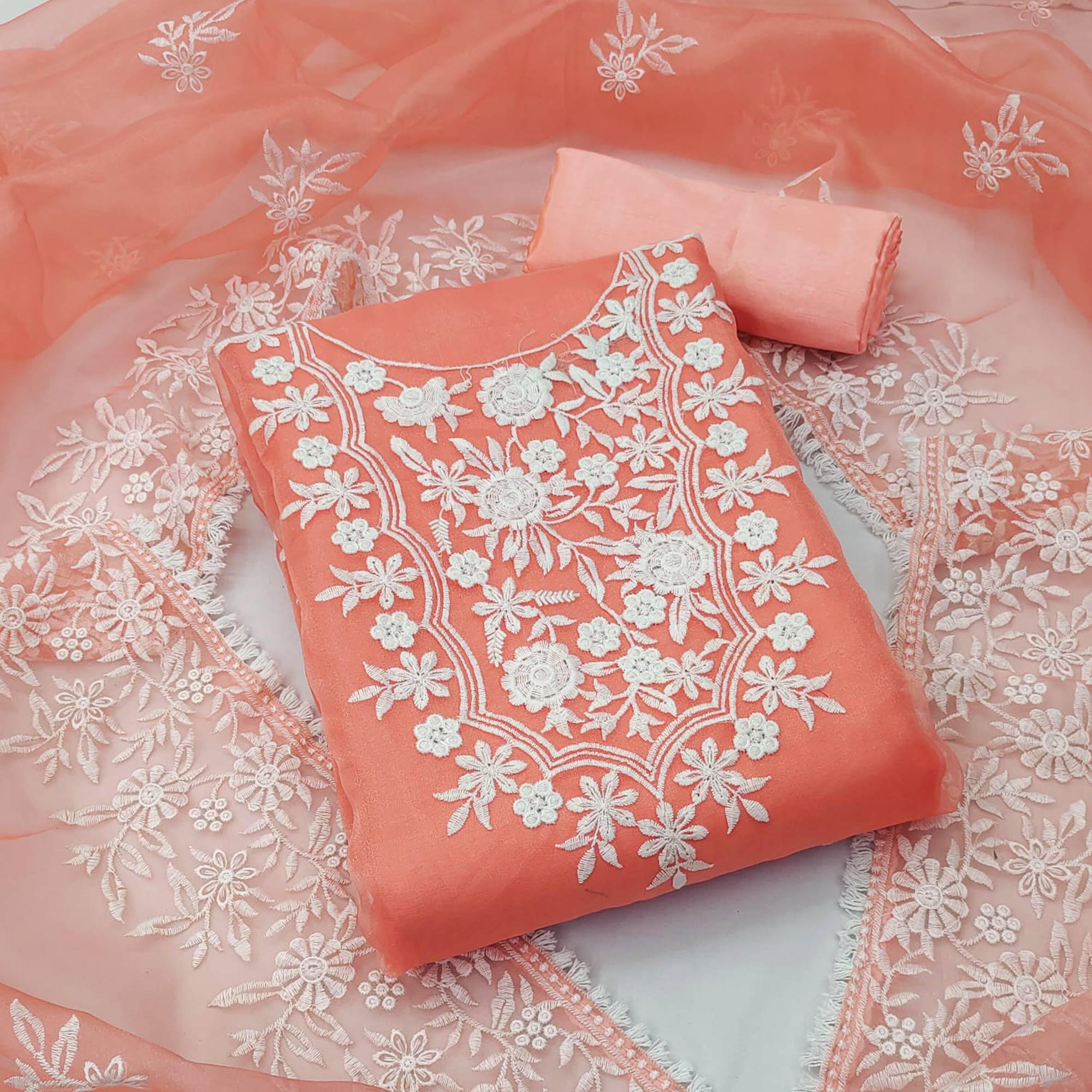Peach Floral Embroidered Organza Dress Material - Peachmode
