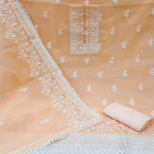 Peach Floral Embroidered Organza Dress Material - Peachmode