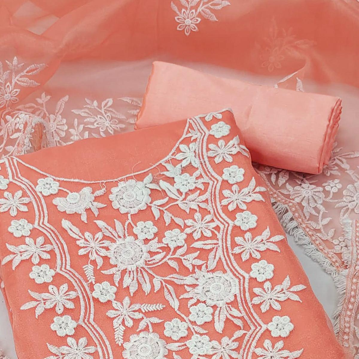 Peach Floral Embroidered Organza Dress Material - Peachmode