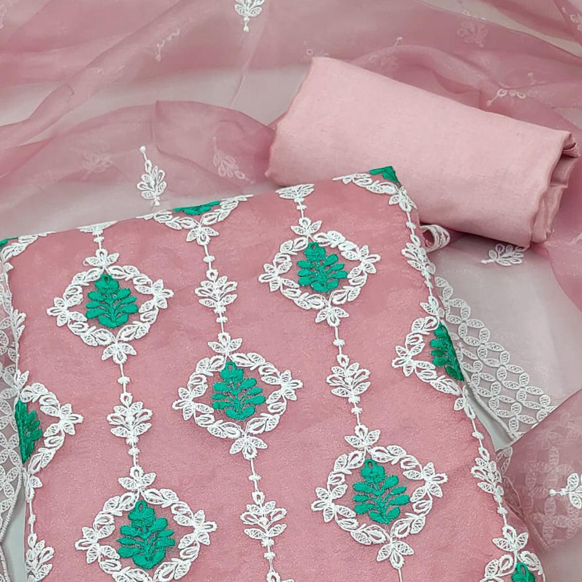 Peach Floral Embroidered Organza Dress Material - Peachmode