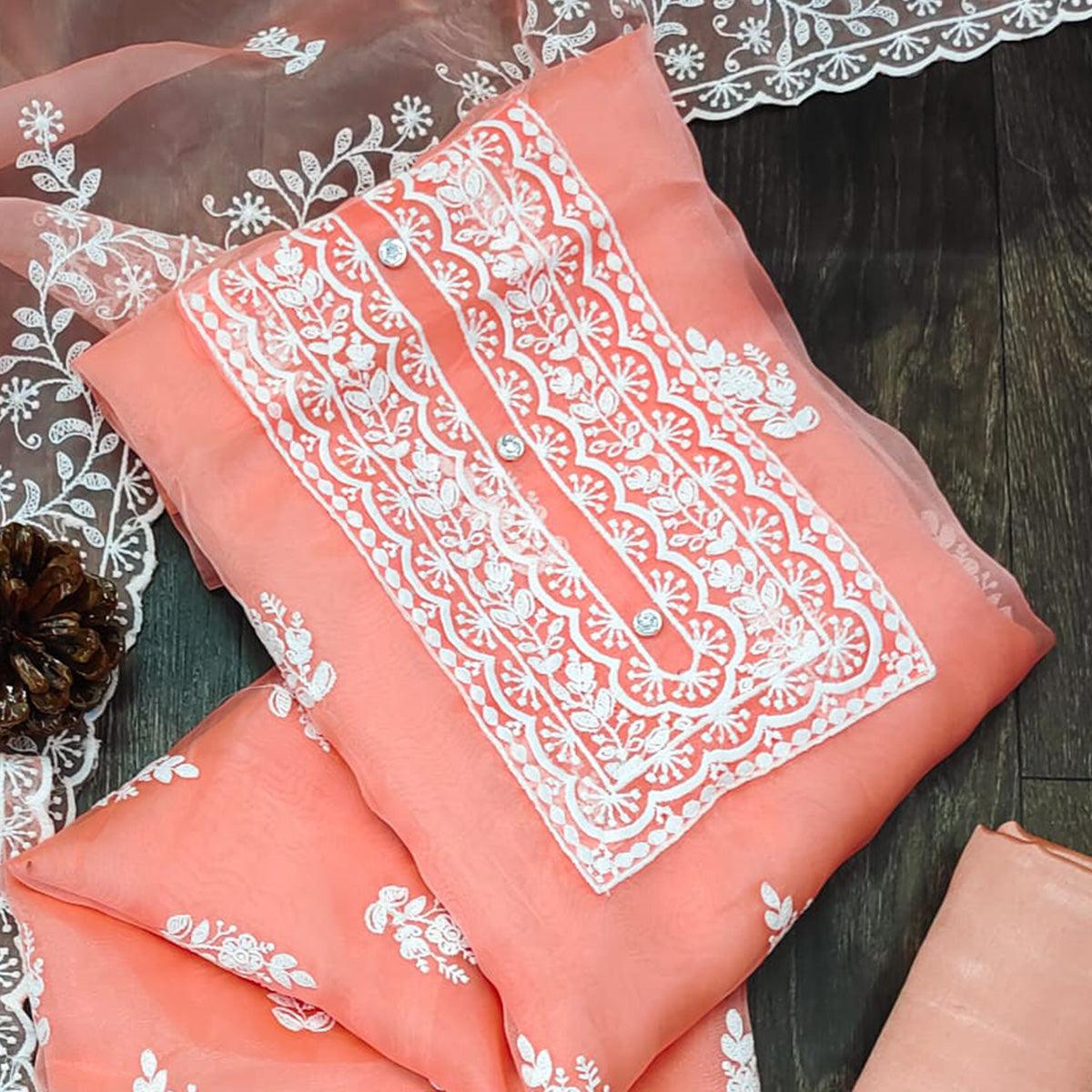 Peach Floral Embroidered Organza Dress Material - Peachmode