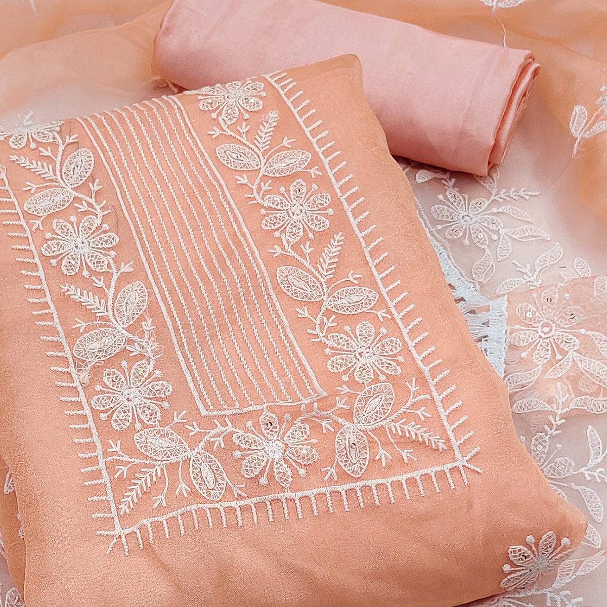 Peach Floral Embroidered Organza Dress Material - Peachmode
