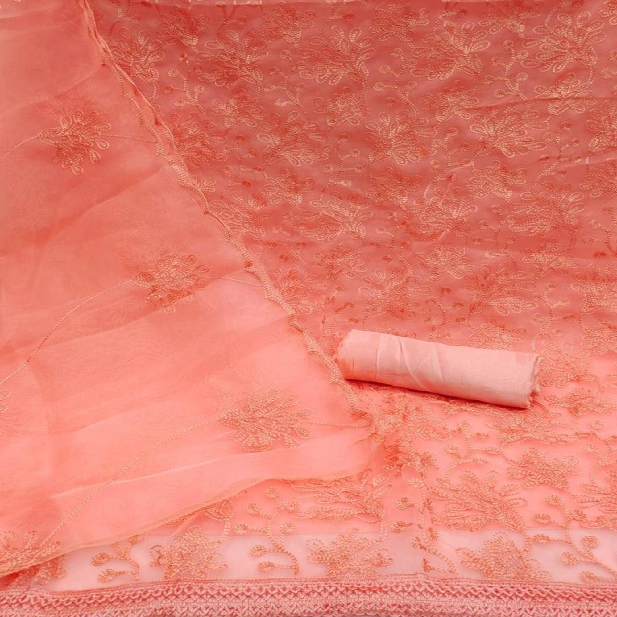 Peach Floral Embroidered Organza Dress Material - Peachmode