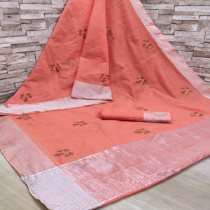 Peach Floral Embroidered Pure Cotton Saree - Peachmode