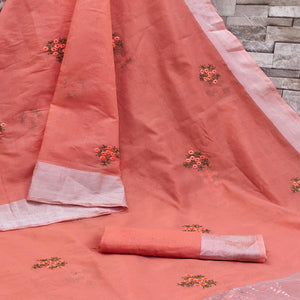 Peach Floral Embroidered Pure Cotton Saree - Peachmode