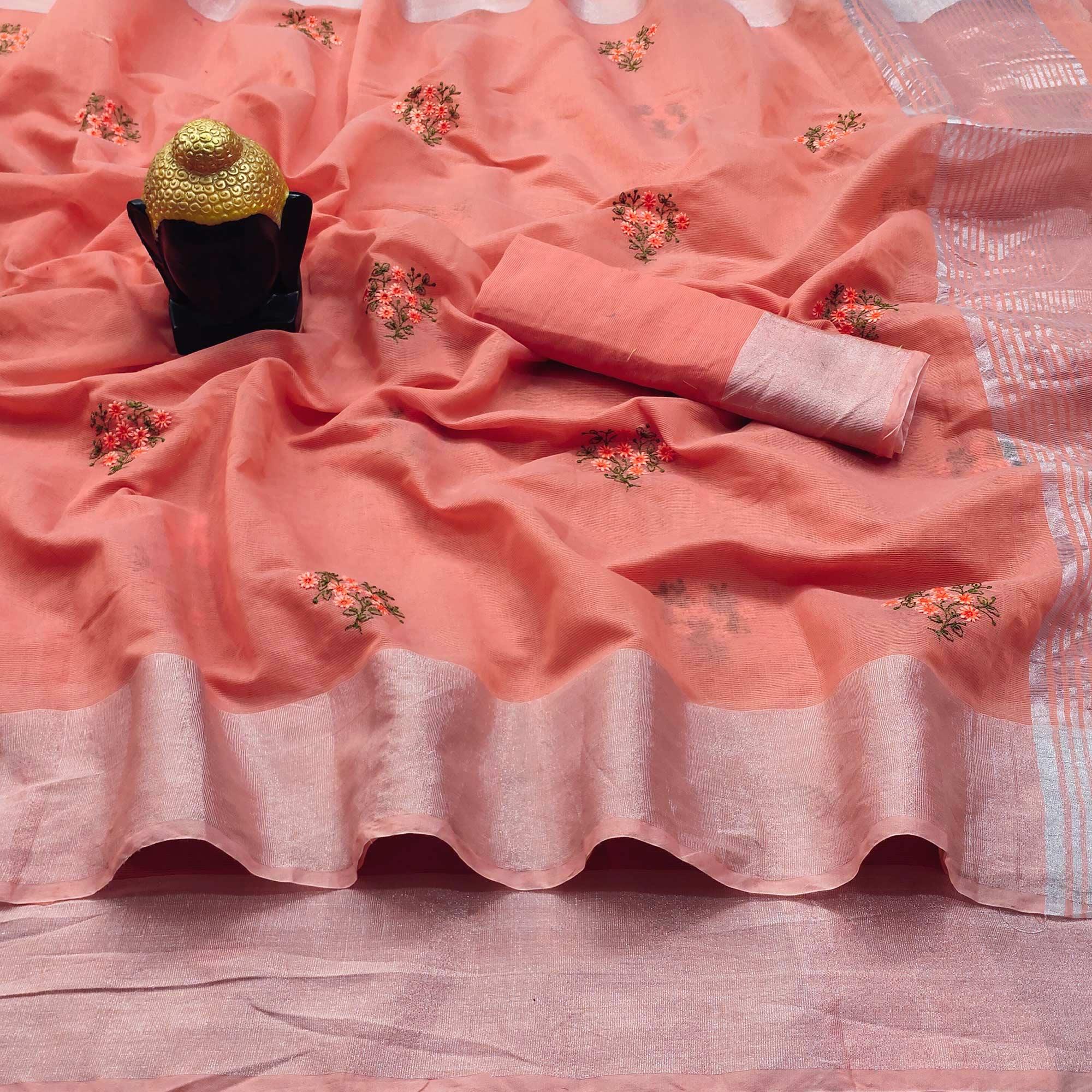 Peach Floral Embroidered Pure Cotton Saree - Peachmode