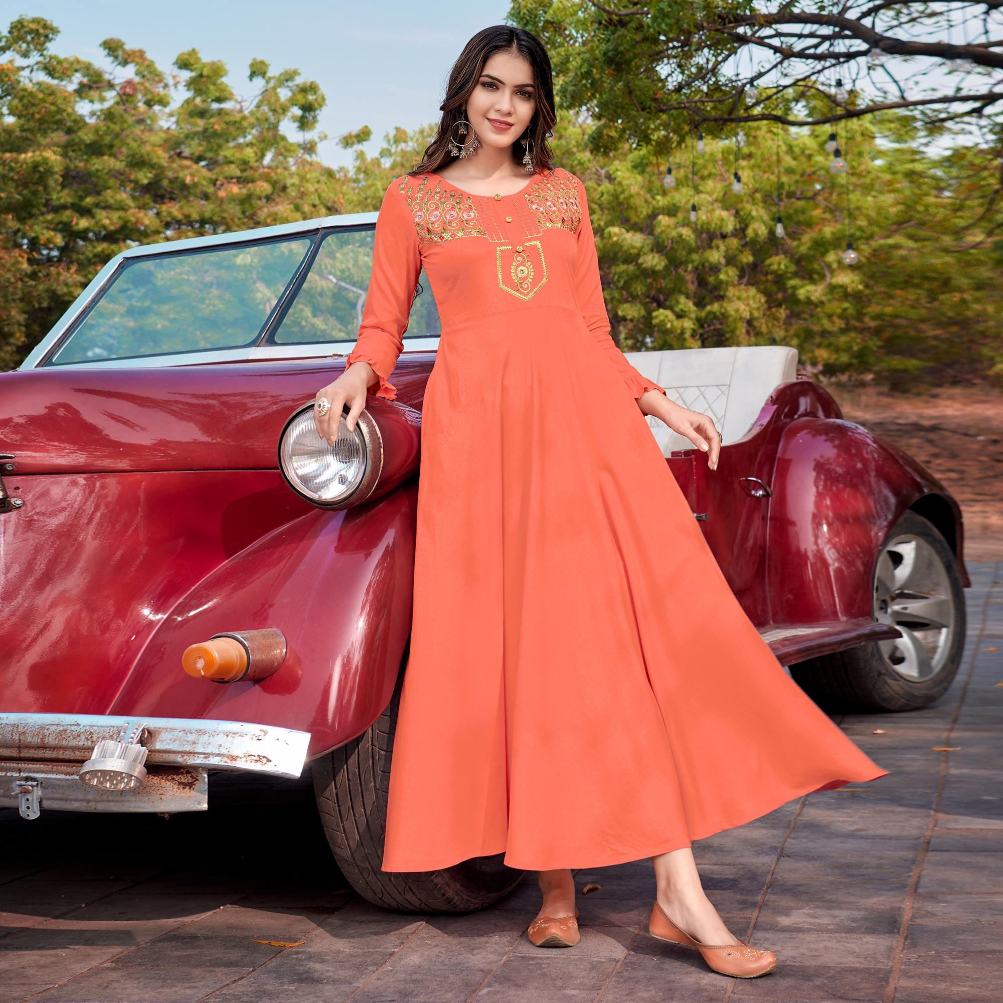 Peach Floral Embroidered Rayon Gown - Peachmode