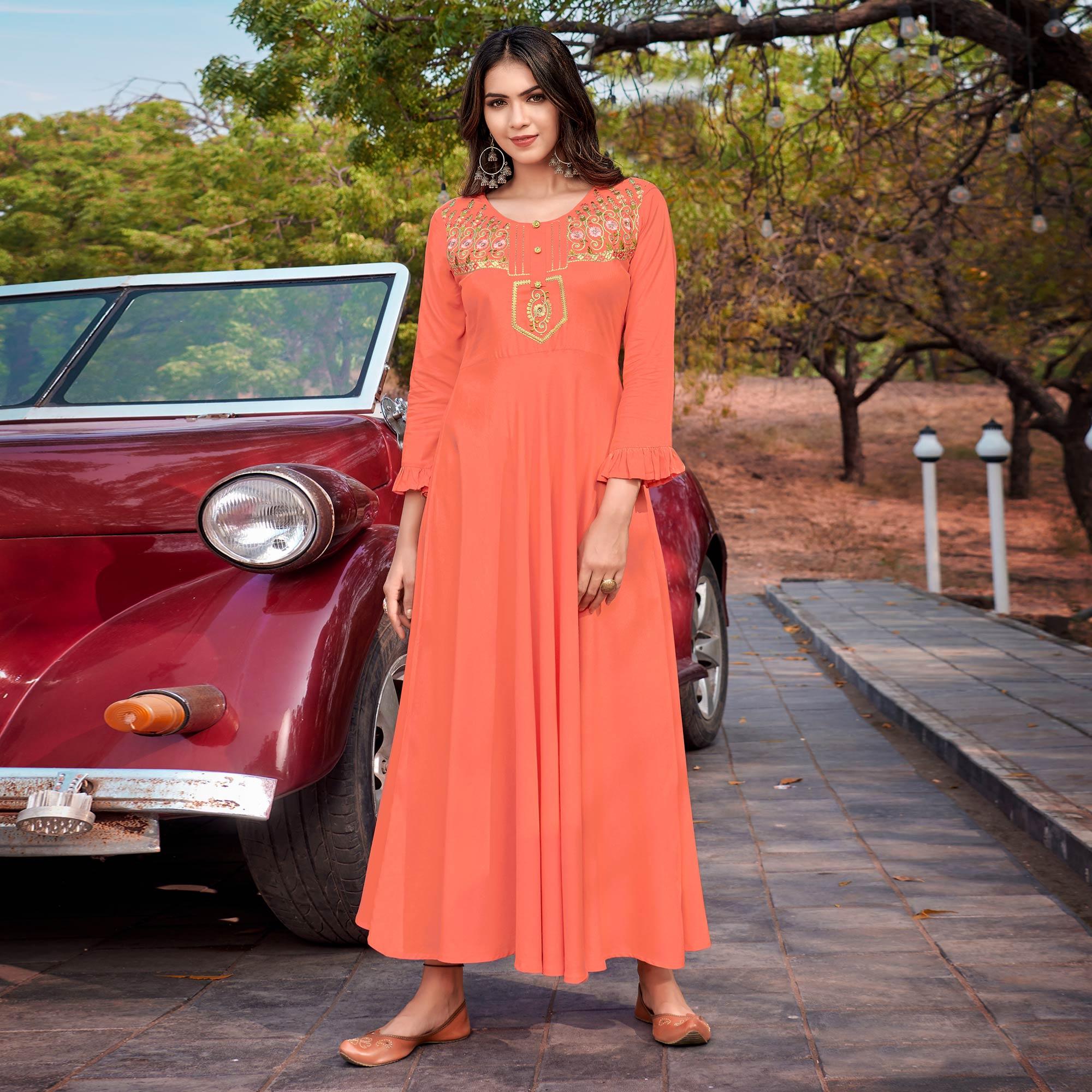 Peach Floral Embroidered Rayon Gown - Peachmode