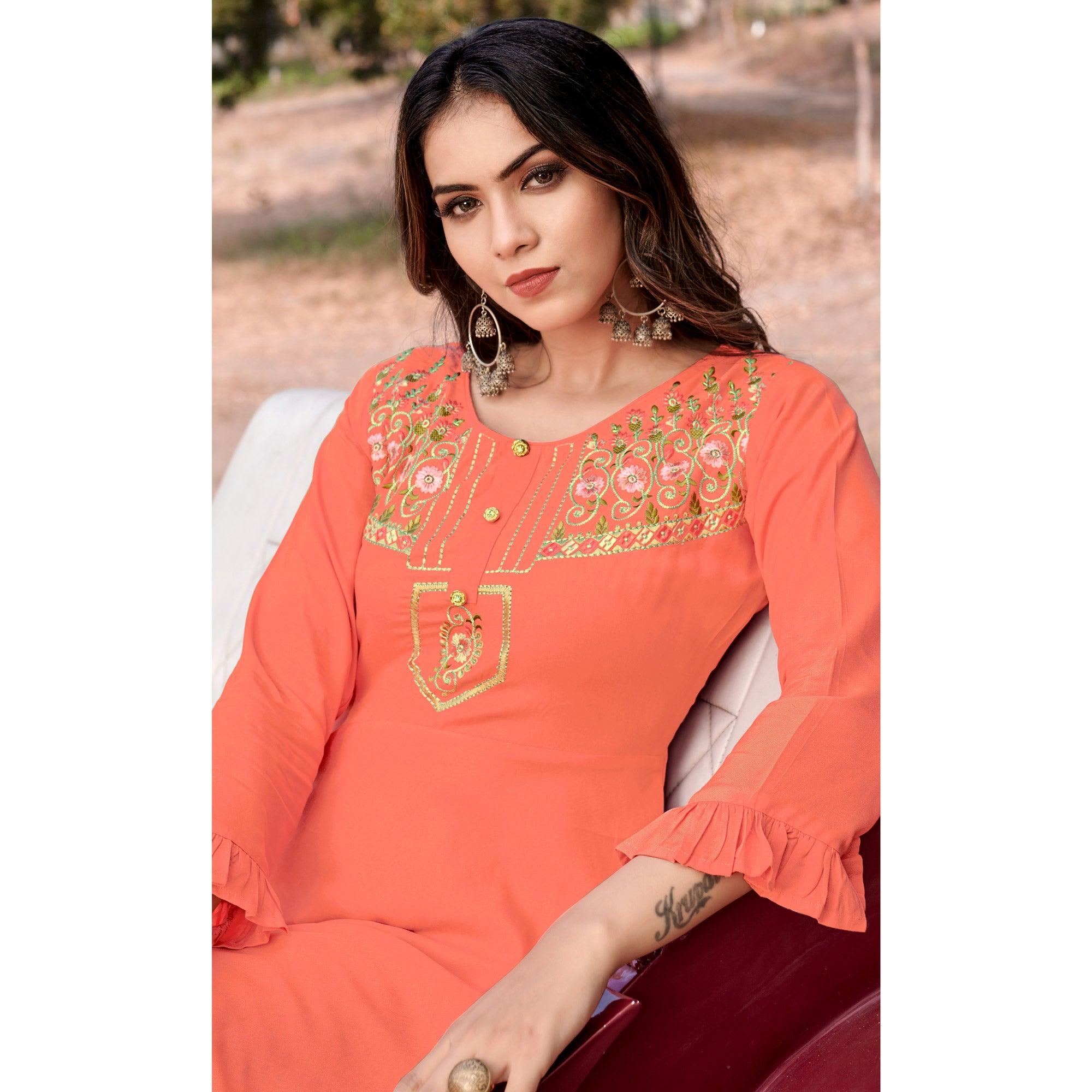 Peach Floral Embroidered Rayon Gown - Peachmode