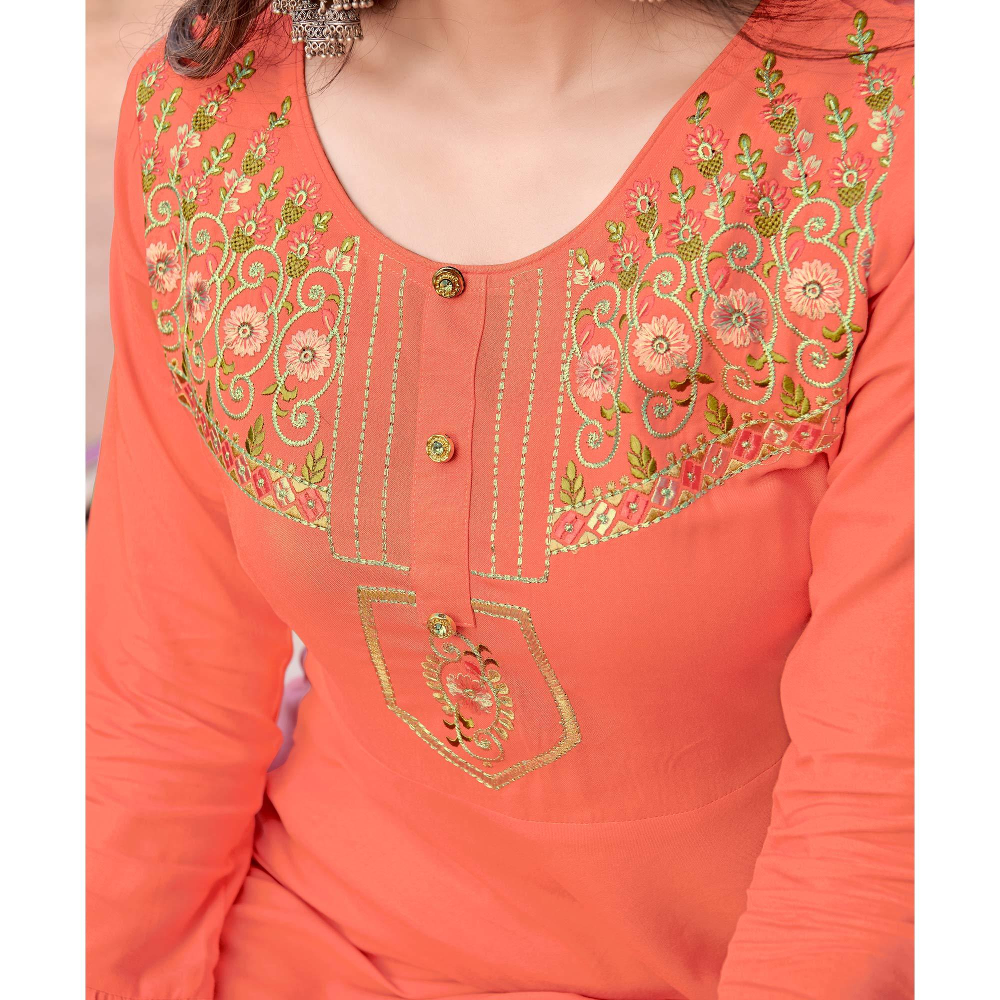 Peach Floral Embroidered Rayon Gown - Peachmode