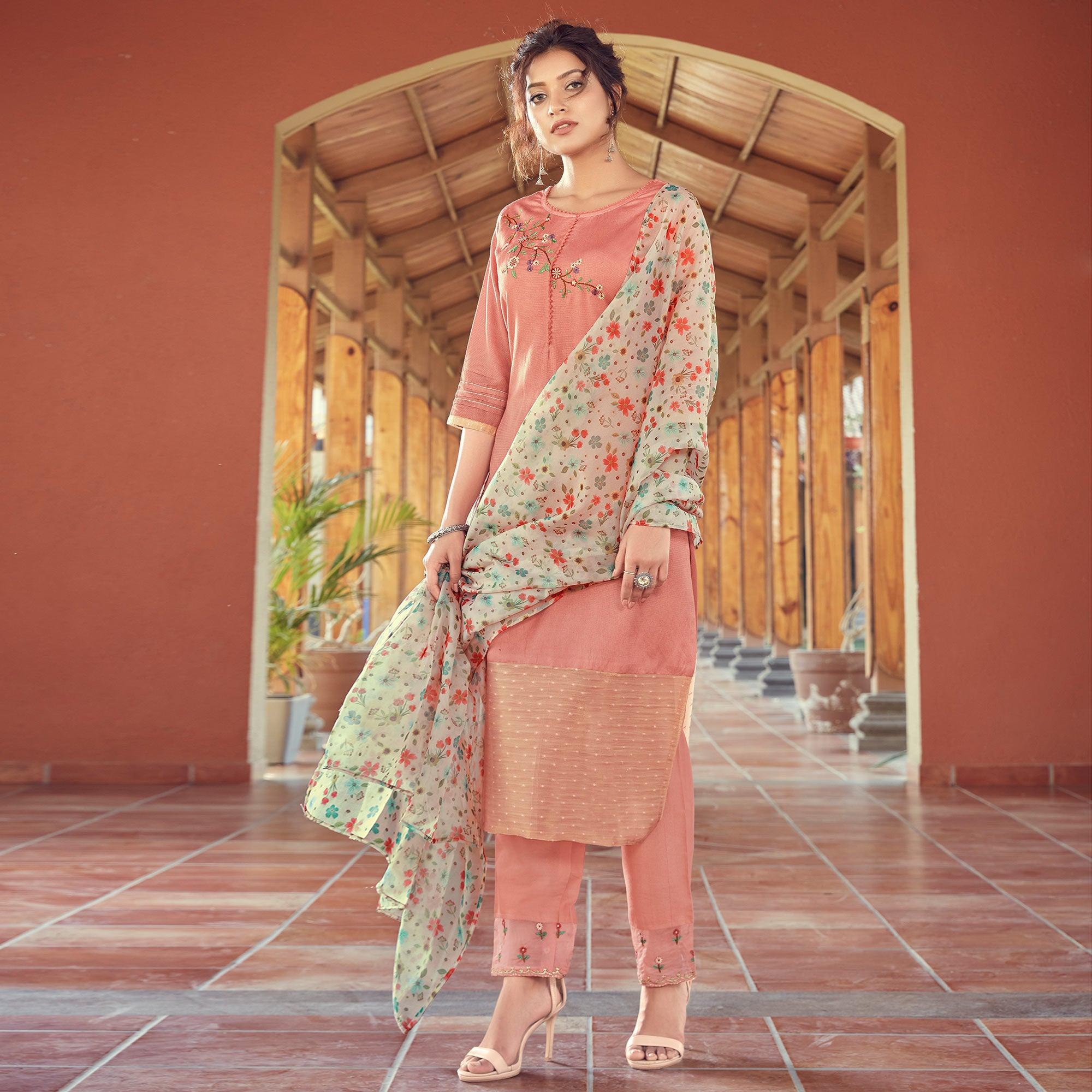 Peach Floral Embroidered Viscose Kurti - Pant Set With Dupatta - Peachmode