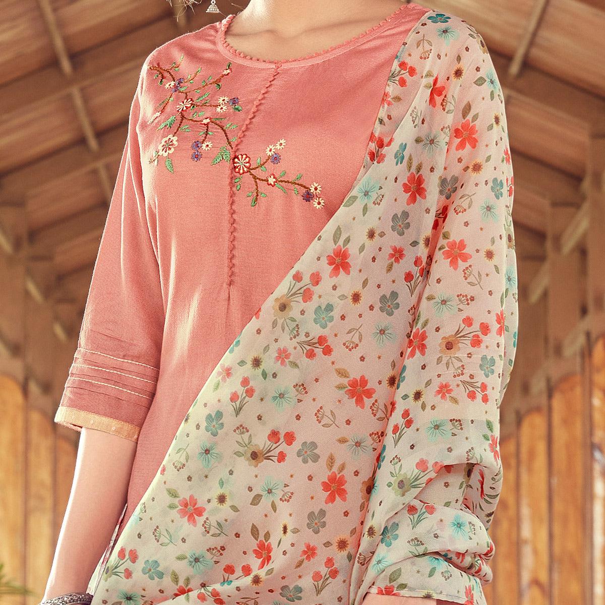 Peach Floral Embroidered Viscose Kurti - Pant Set With Dupatta - Peachmode