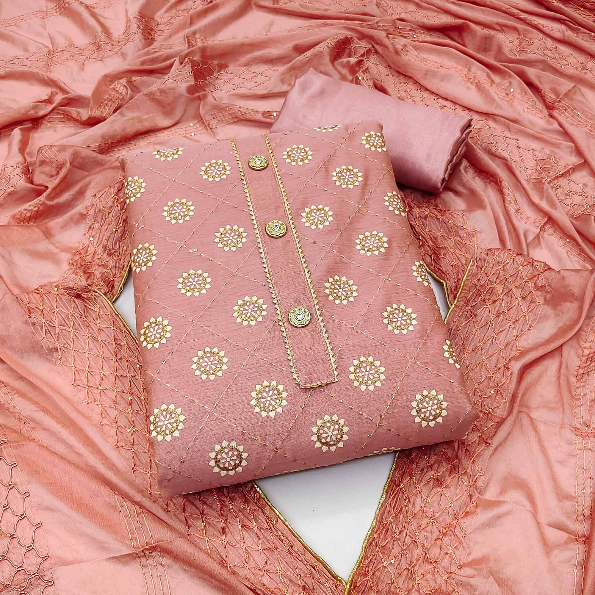 Peach Floral Embroidered With Gota Patti Chanderi Dress Material - Peachmode