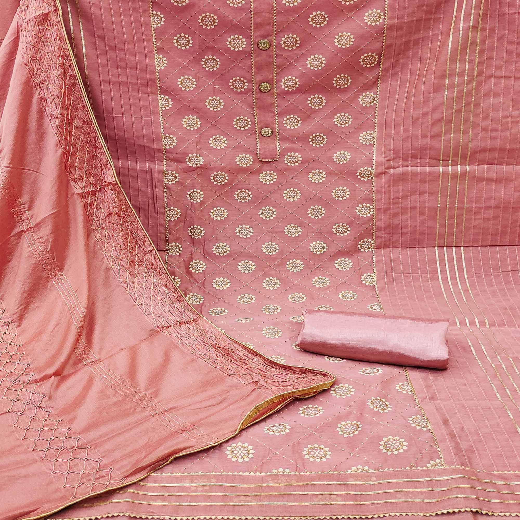 Peach Floral Embroidered With Gota Patti Chanderi Dress Material - Peachmode