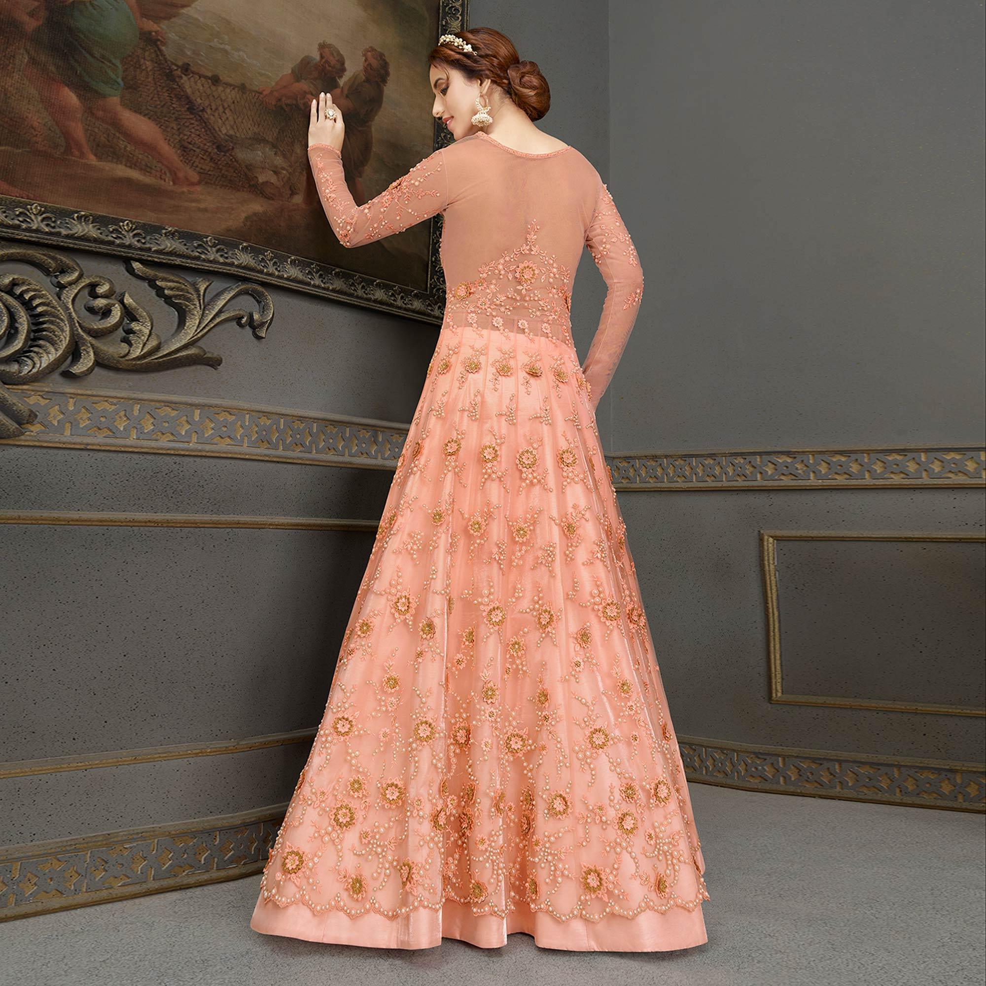 Peach Floral Embroidered With Handwork Soft Net Partywear Gown - Peachmode